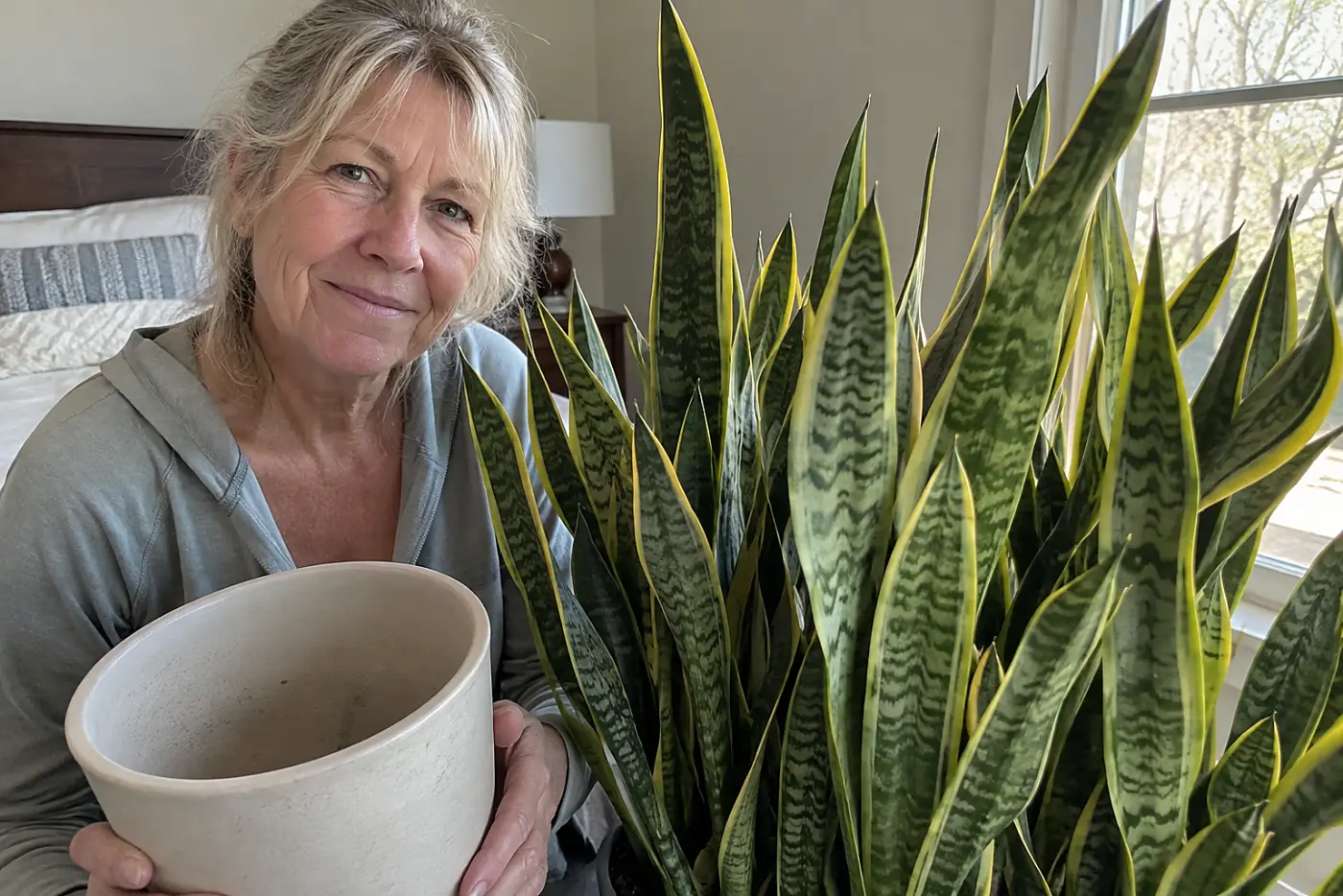 A snake plant stands in the middle of a bright room beside a woman in her sixties holding an empty pot for a division, with no visible writing.
