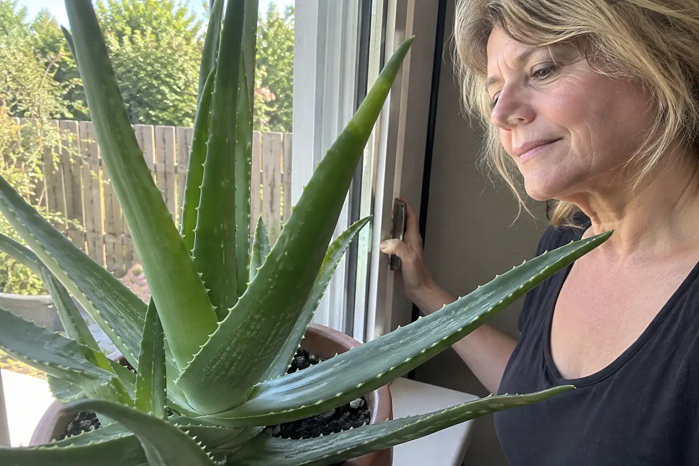 Aloe vera sits in the middle of a sunny windowsill beside a woman over 50 opening the window, with no visible writing.