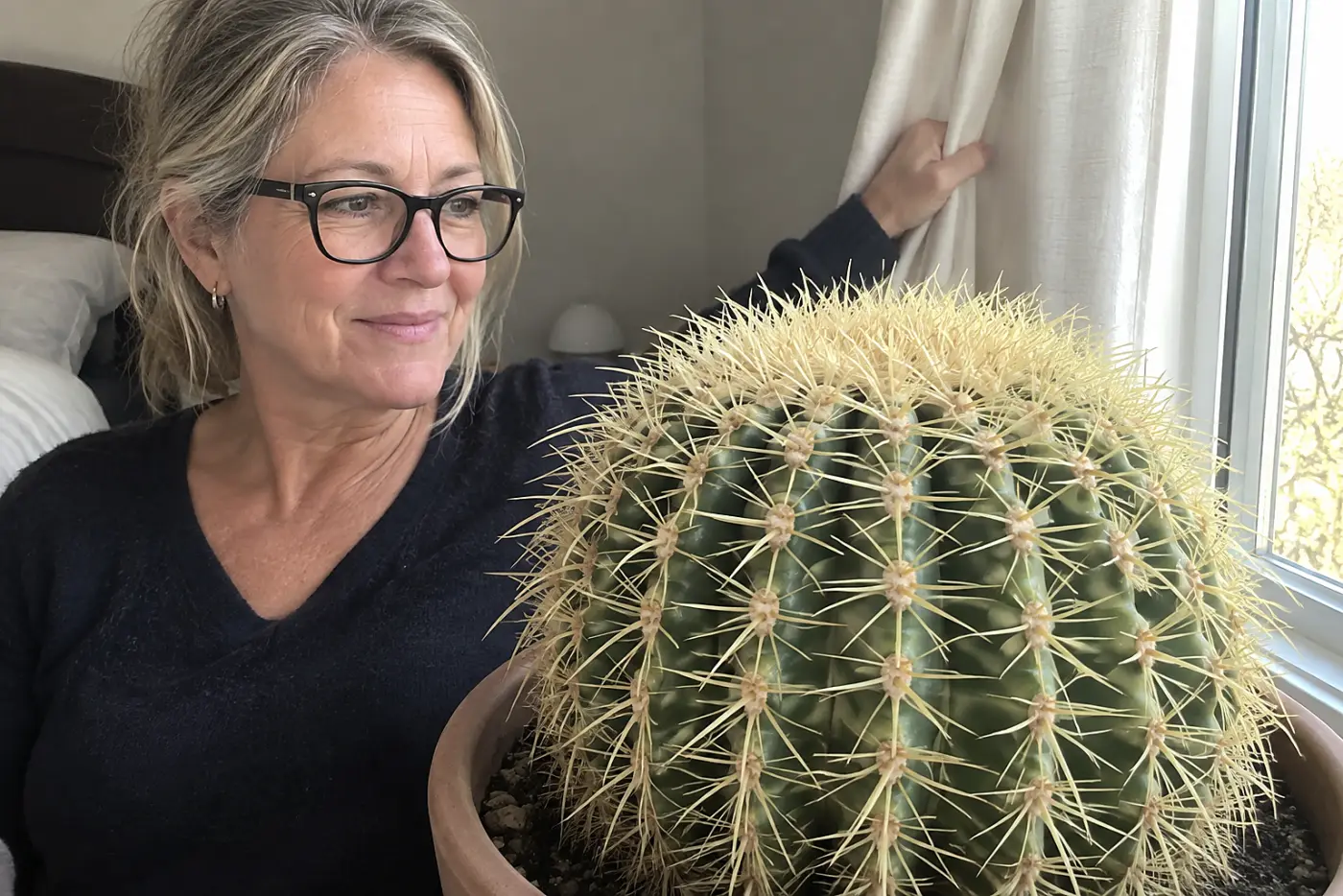 A golden barrel cactus sits in the middle of a sunny room beside a woman over 50 opening the curtains, with no visible writing.