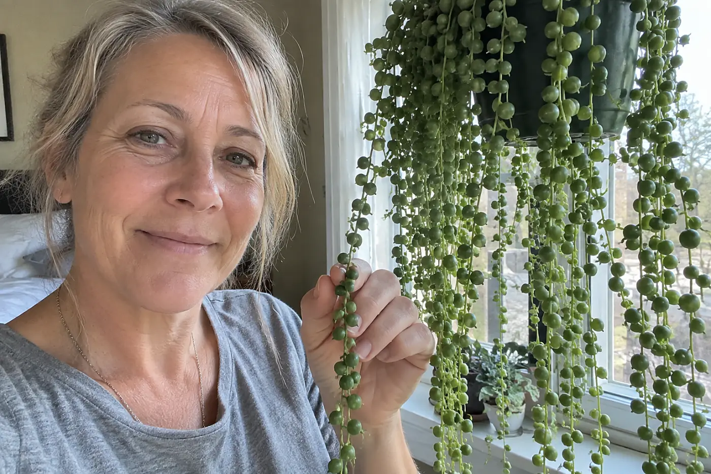 A string of pearls basket hangs in the middle of a bright room above a clear windowsill, with a woman over 50 nearby and no visible writing.
