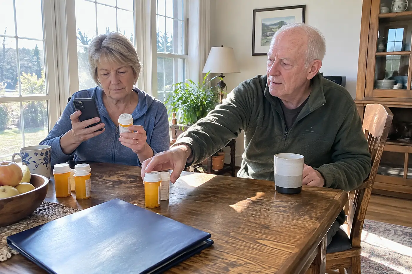 Older woman checking stopped prescriptions against her patient portal at home.