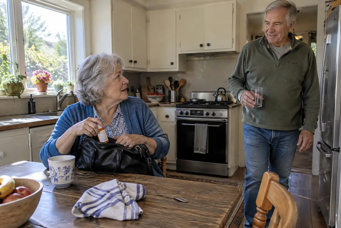 Older woman taking a labeled prescription bottle from her purse at home.