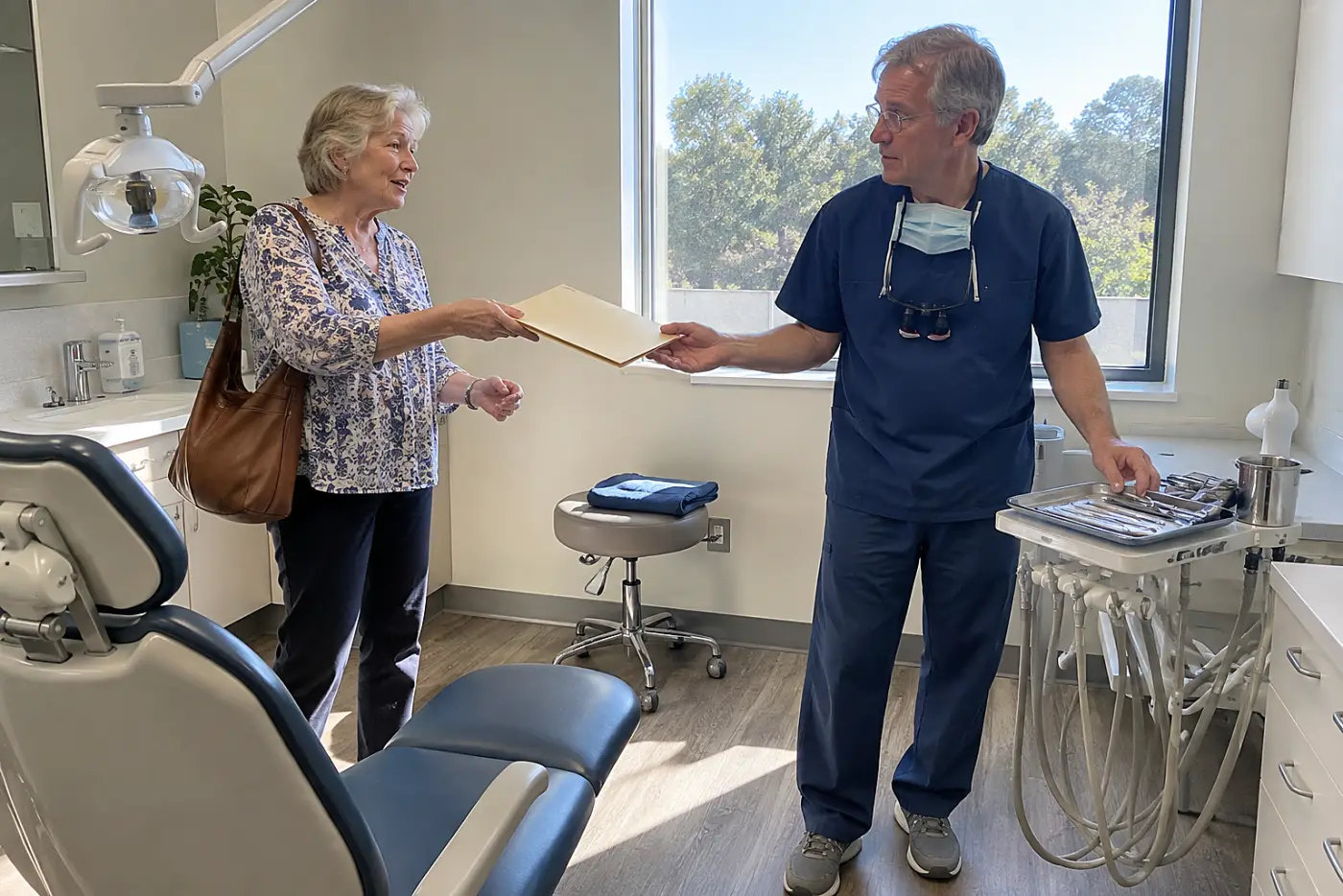 Older woman handing her medicine list to a dentist in an exam room.