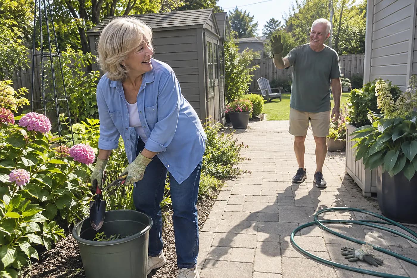 Older woman placing a trowel and pruners in a bucket beside a garden bed.