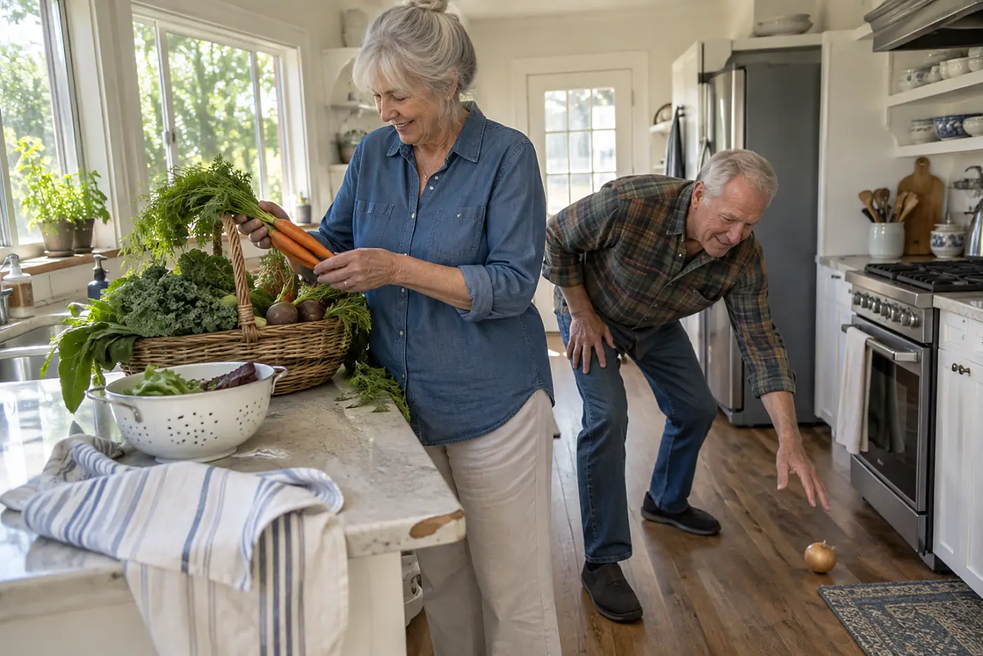 Older woman sorting vegetables from a harvest basket at her kitchen counter.