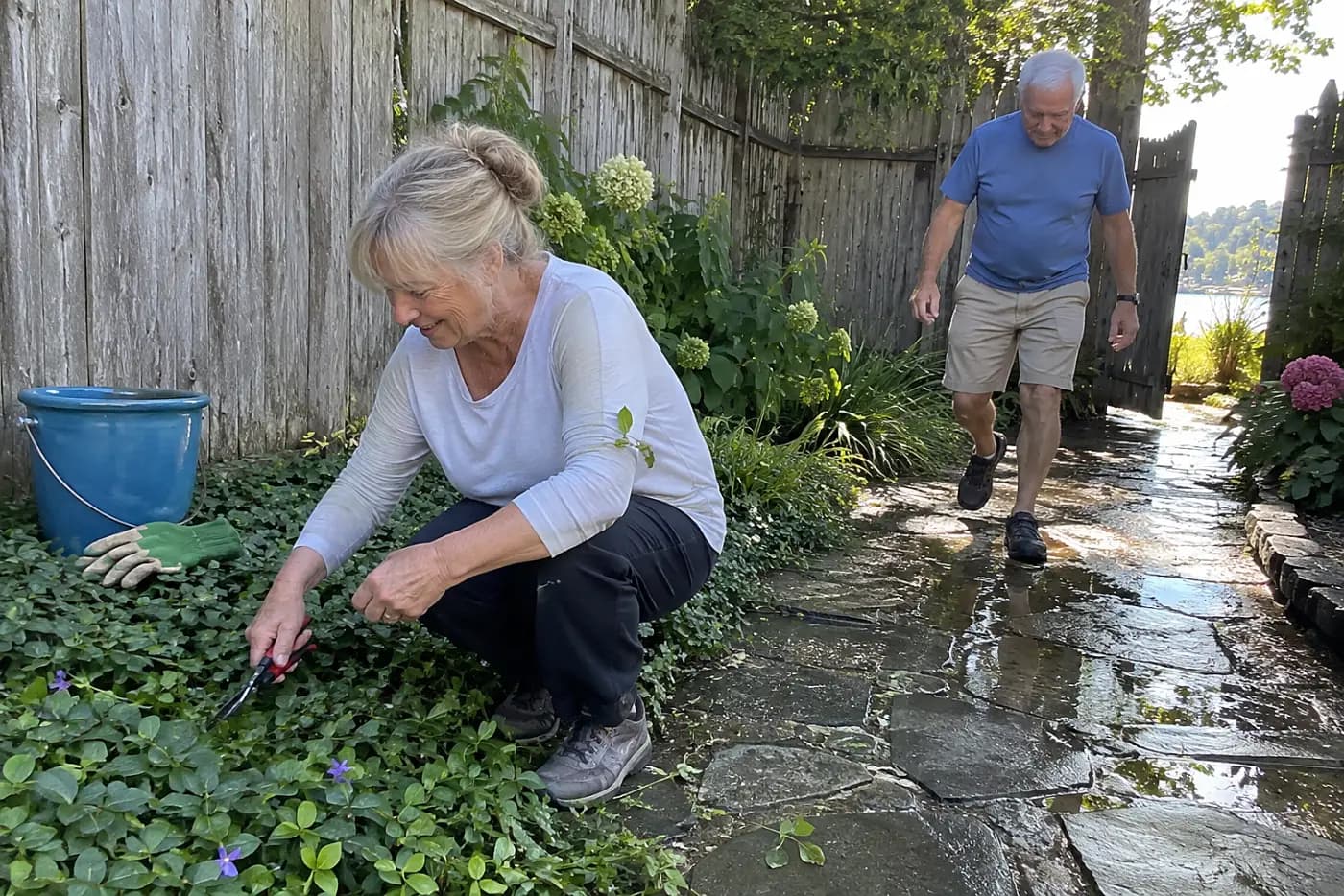 Older woman trimming groundcover from the edge of a wet stone path.