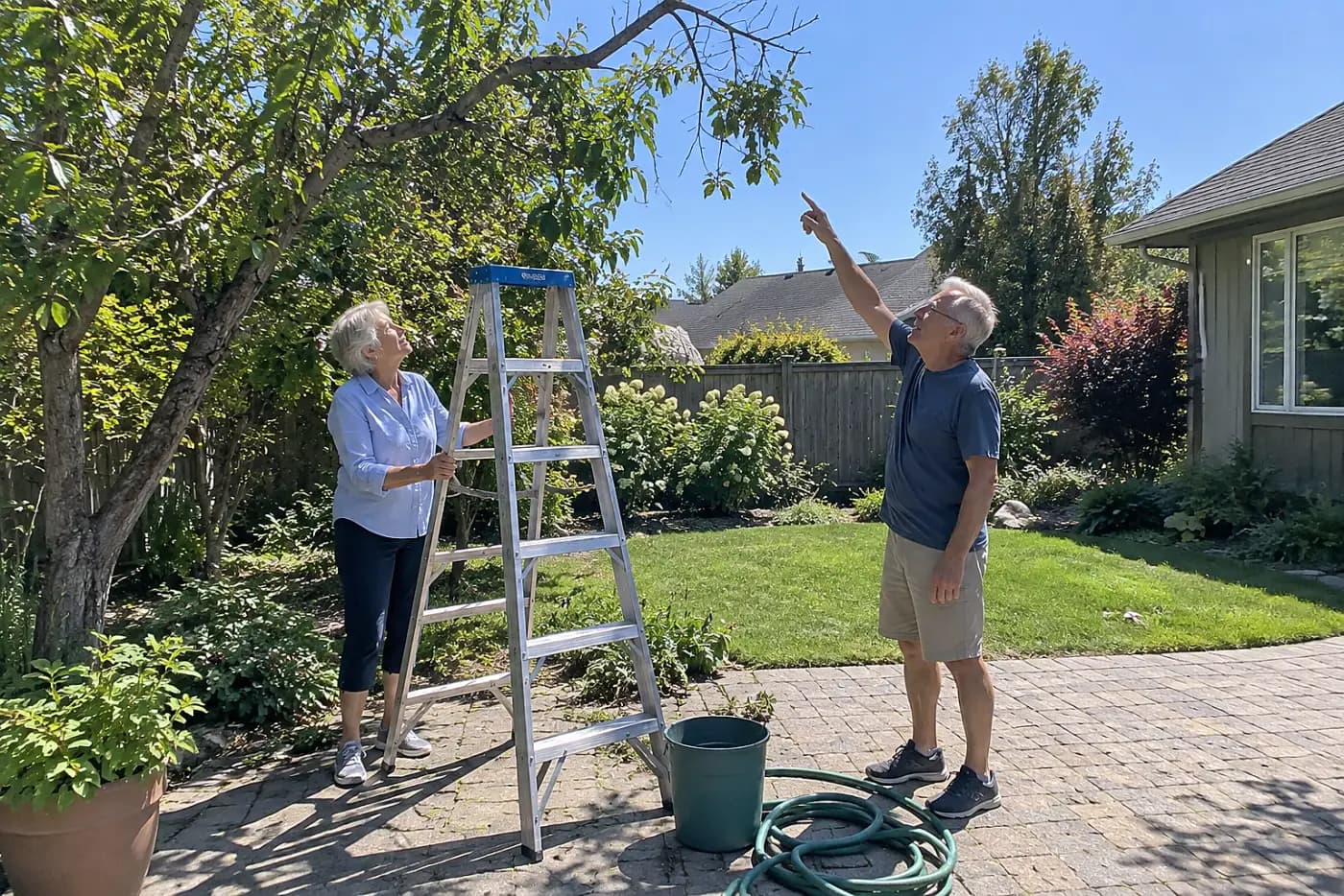 Older woman looking up at branches above her reach beside a ladder.