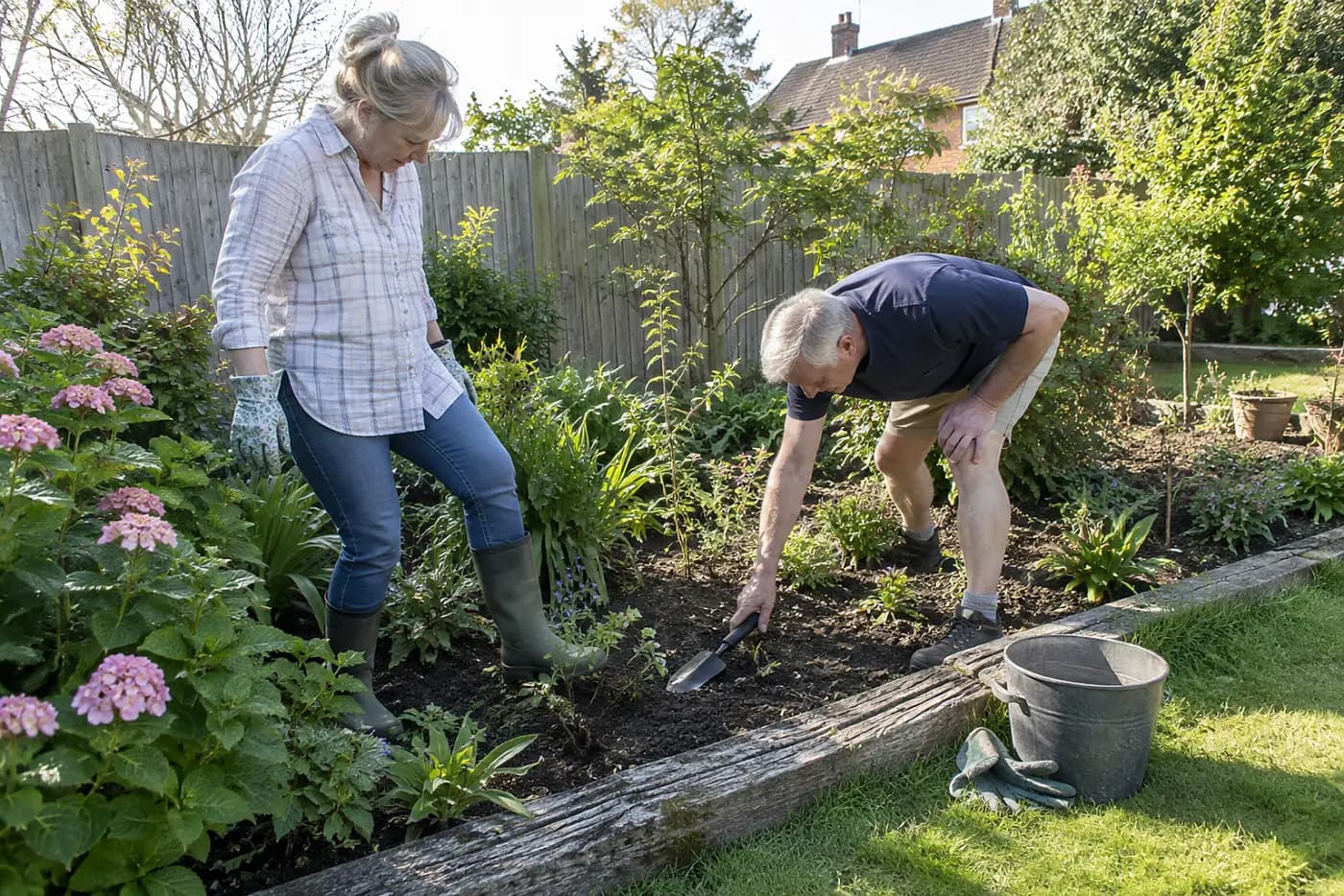 Older woman clearing a place for her feet between plants in a garden bed.