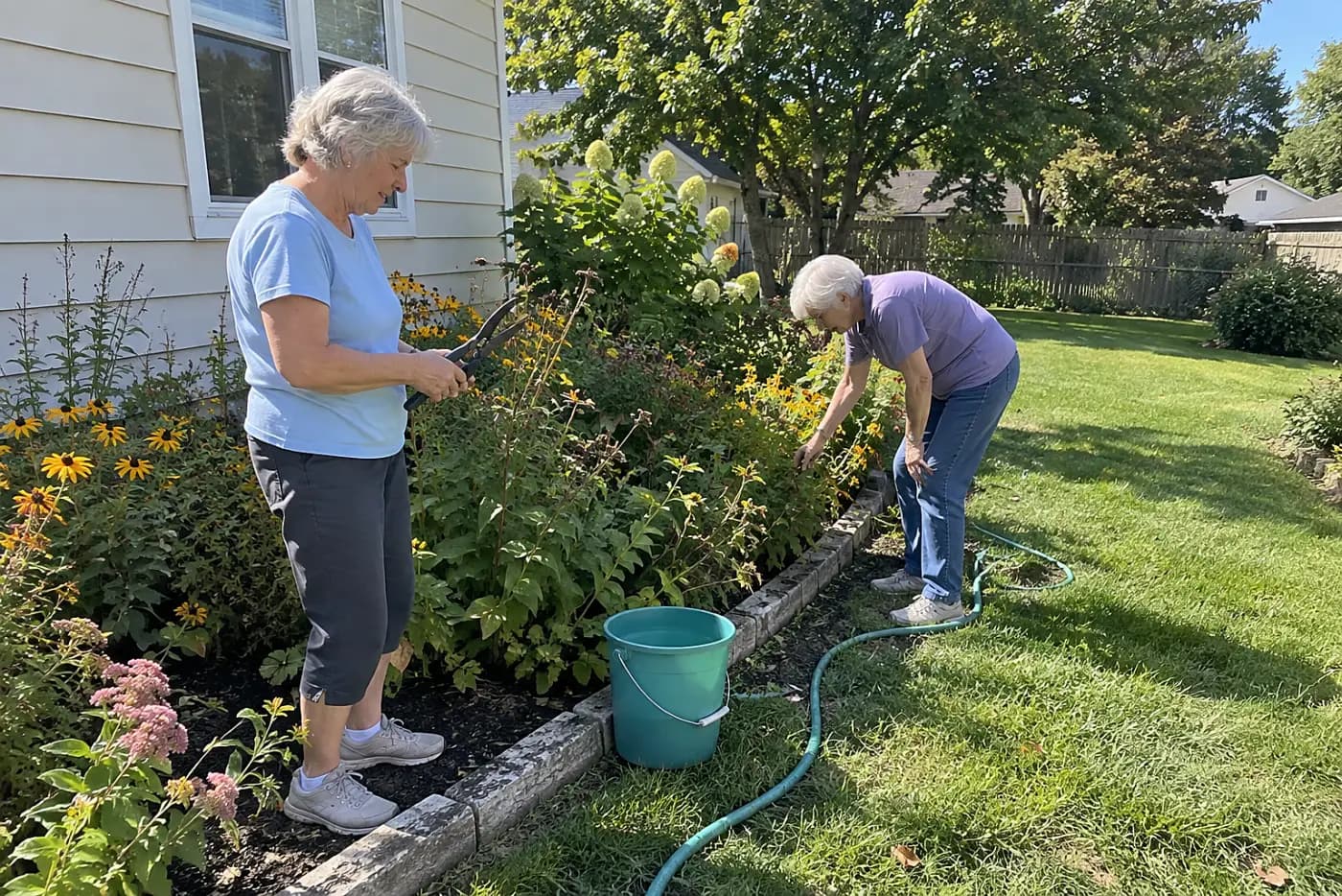 Older woman cutting seed heads from weeds along a flower border.