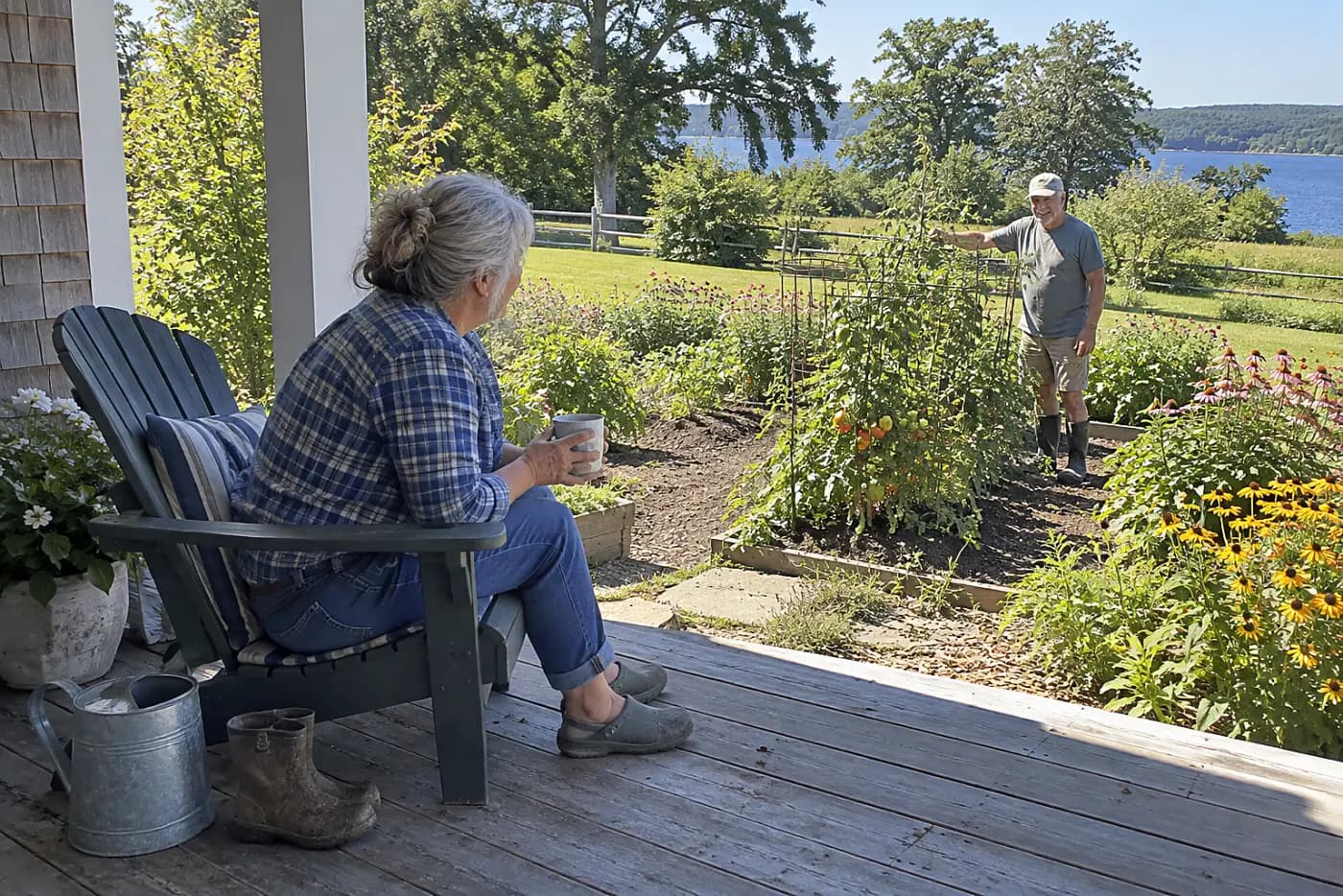Older woman sitting in a porch chair facing her garden.