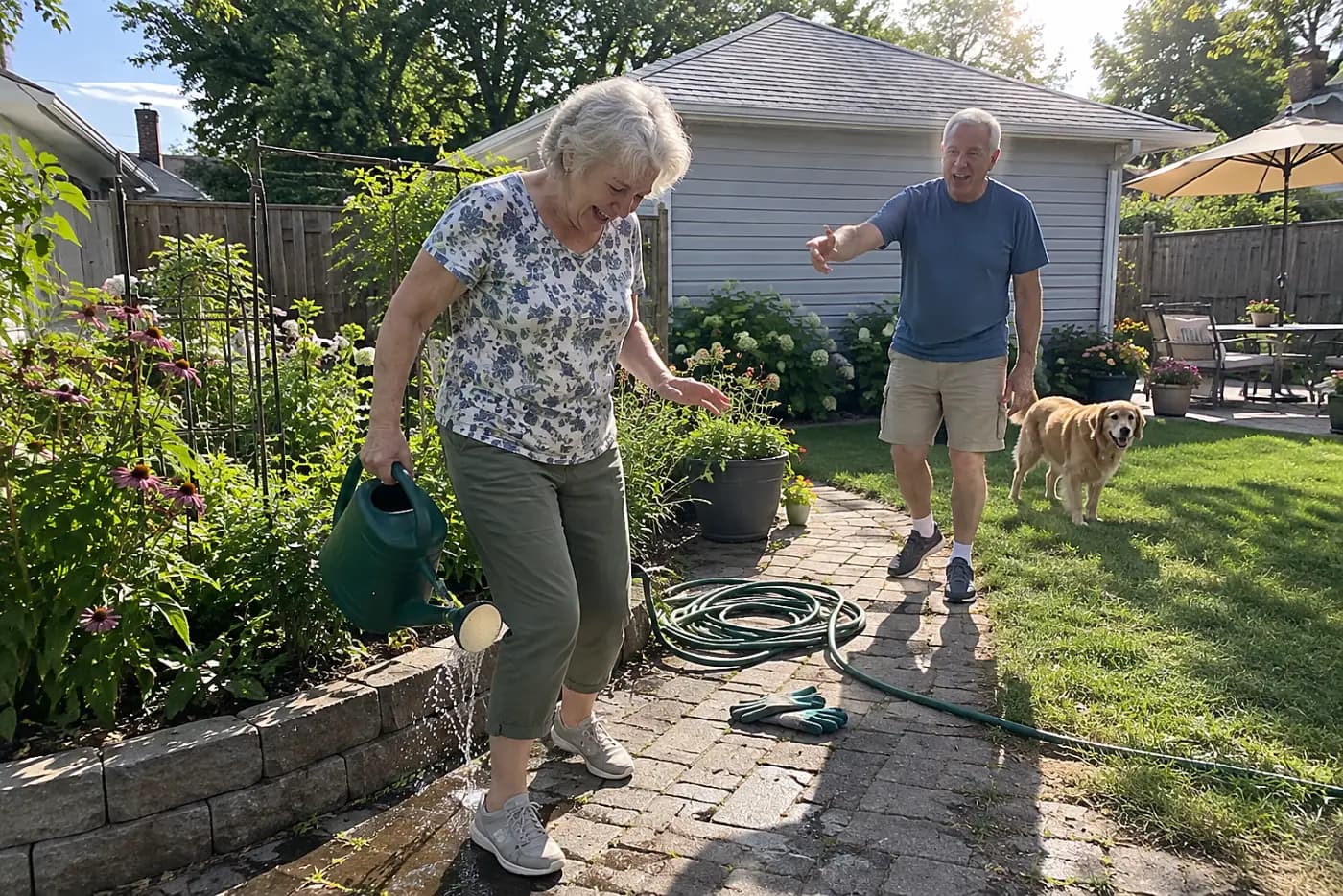 Older woman carrying a half-filled watering can toward a backyard bed.