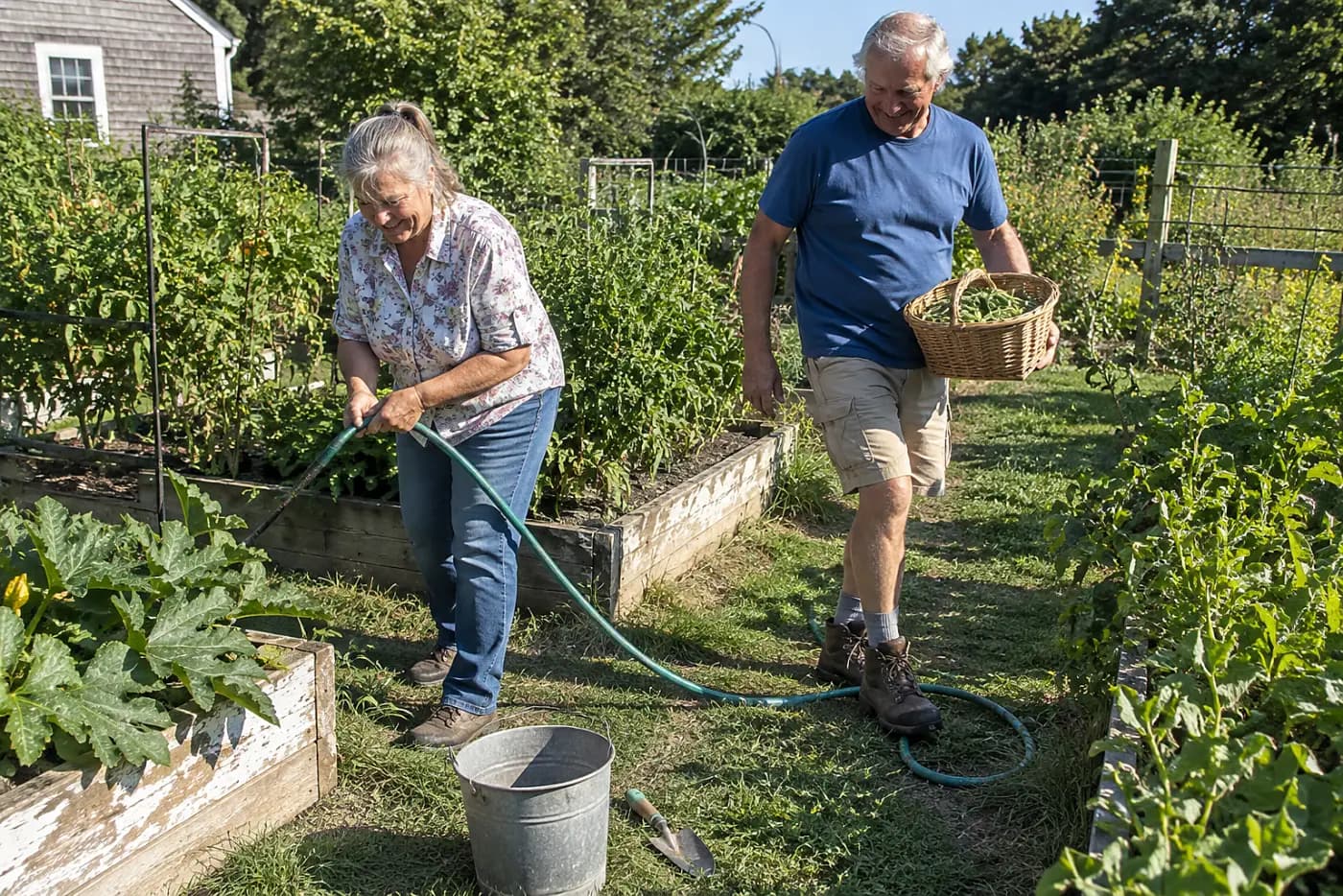 Older woman moving a hose off the grass path beside her vegetable beds.