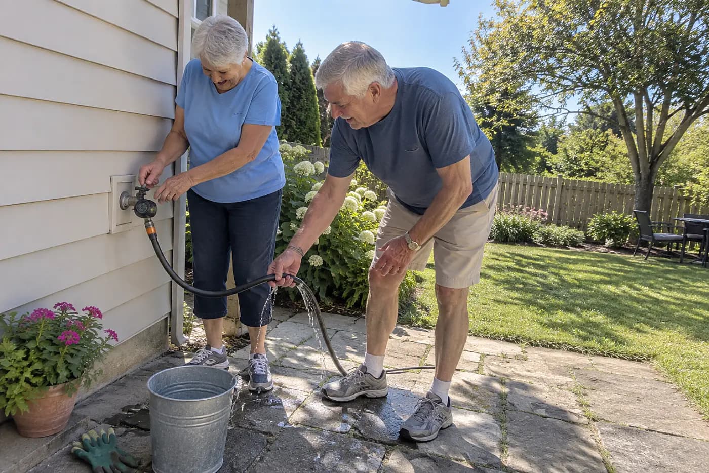 Older woman checking a watering timer beside an outdoor faucet.
