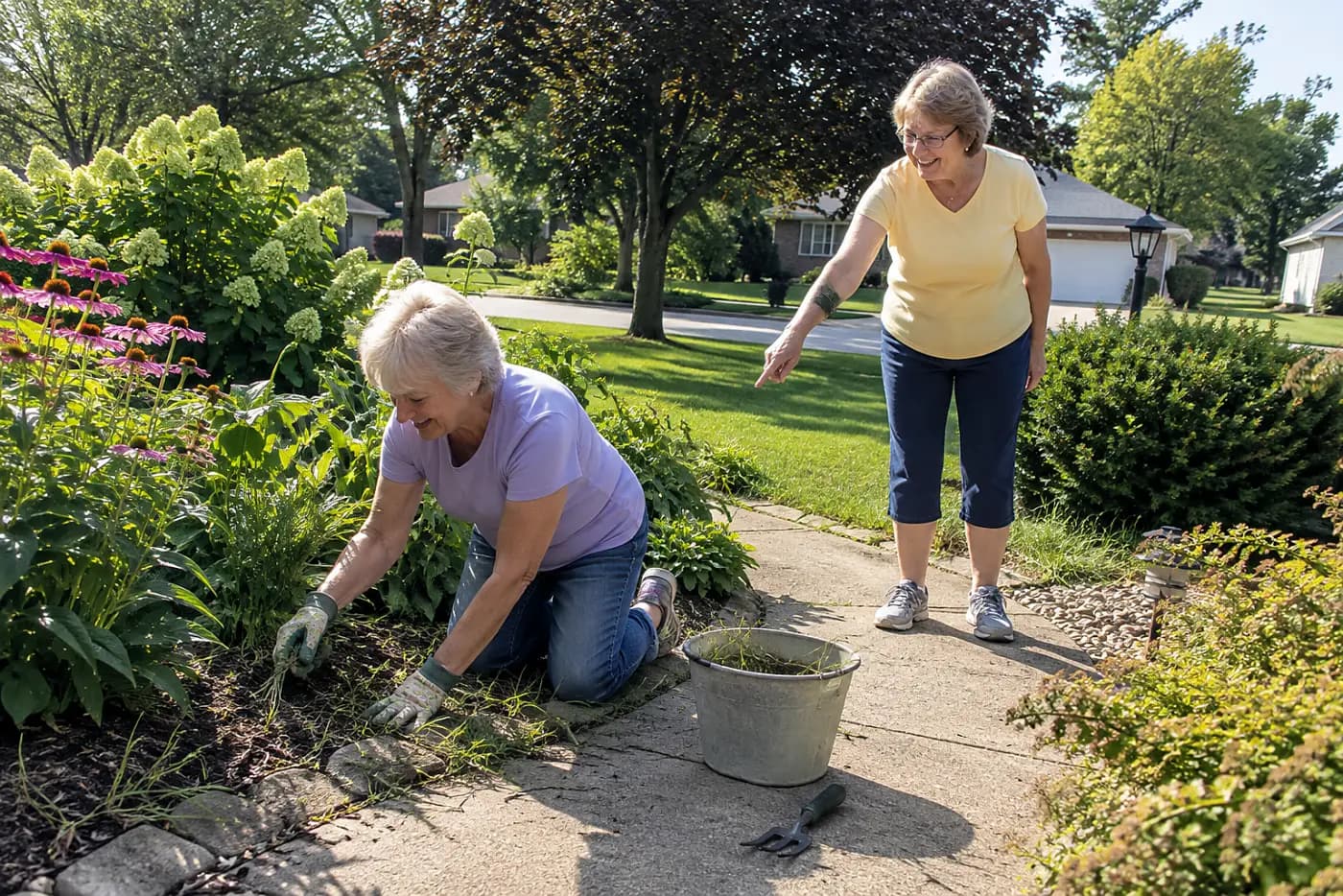 Older woman clearing grass from the edge of a front-yard flower bed.