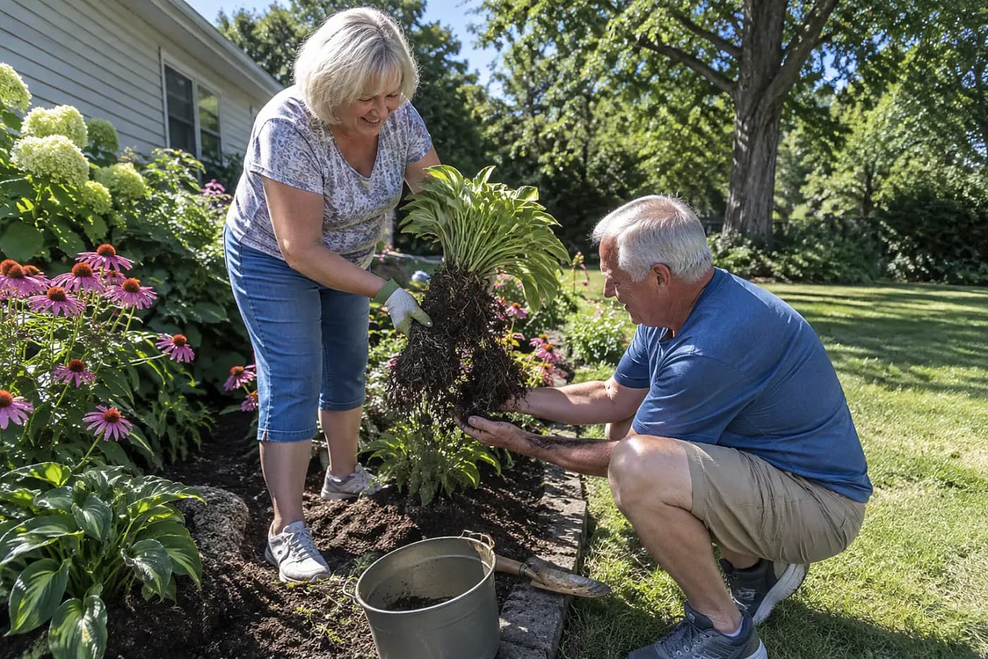 Older woman lifting a divided perennial clump from a flower bed.