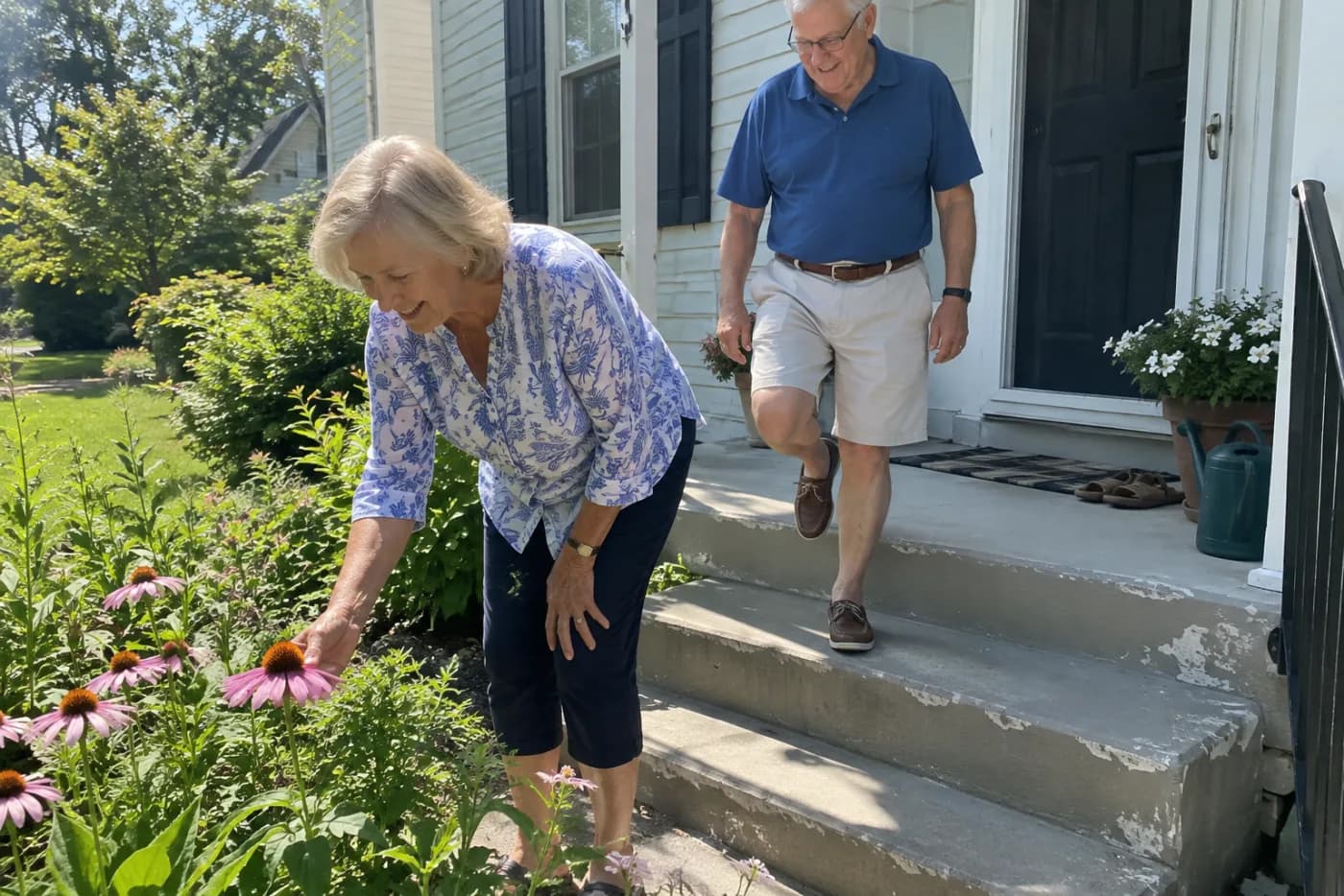 Older woman examining a volunteer flower beside her porch steps.