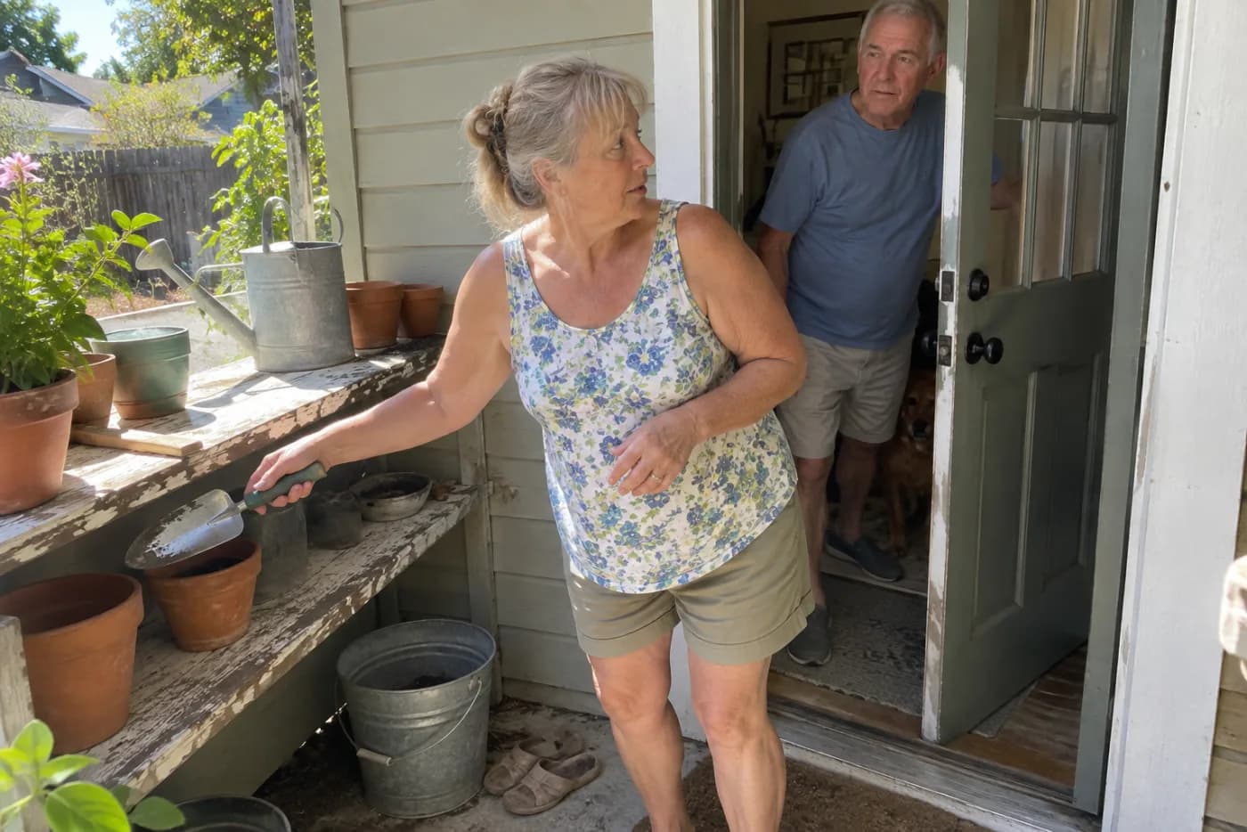 Older woman placing a clean trowel on a shelf by her back door.
