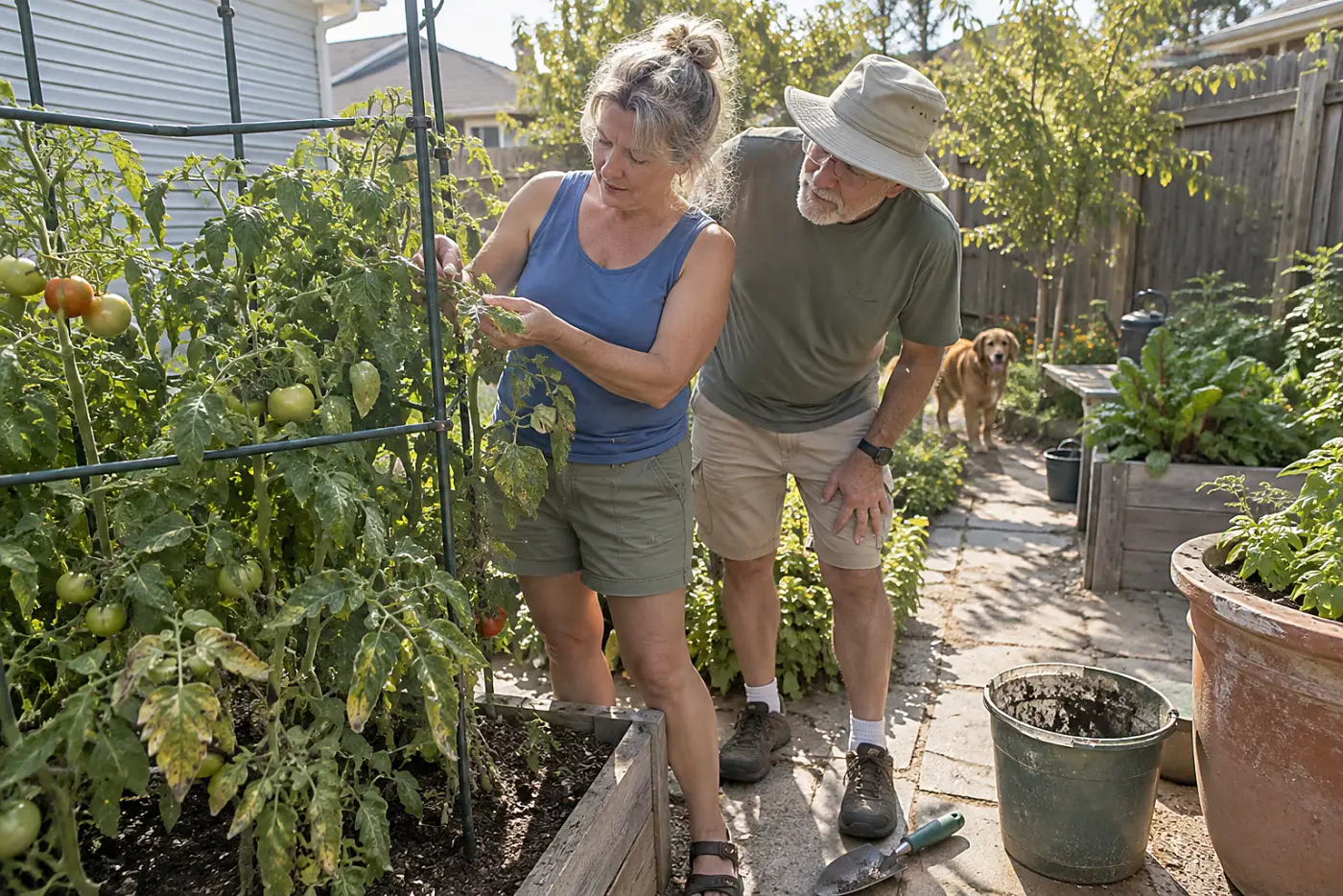 Woman inspecting the underside of a damaged tomato leaf in her vegetable bed.