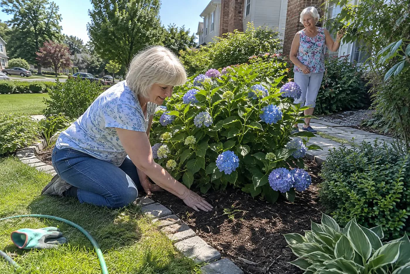 Woman feeling the soil beneath a hydrangea in her front garden.