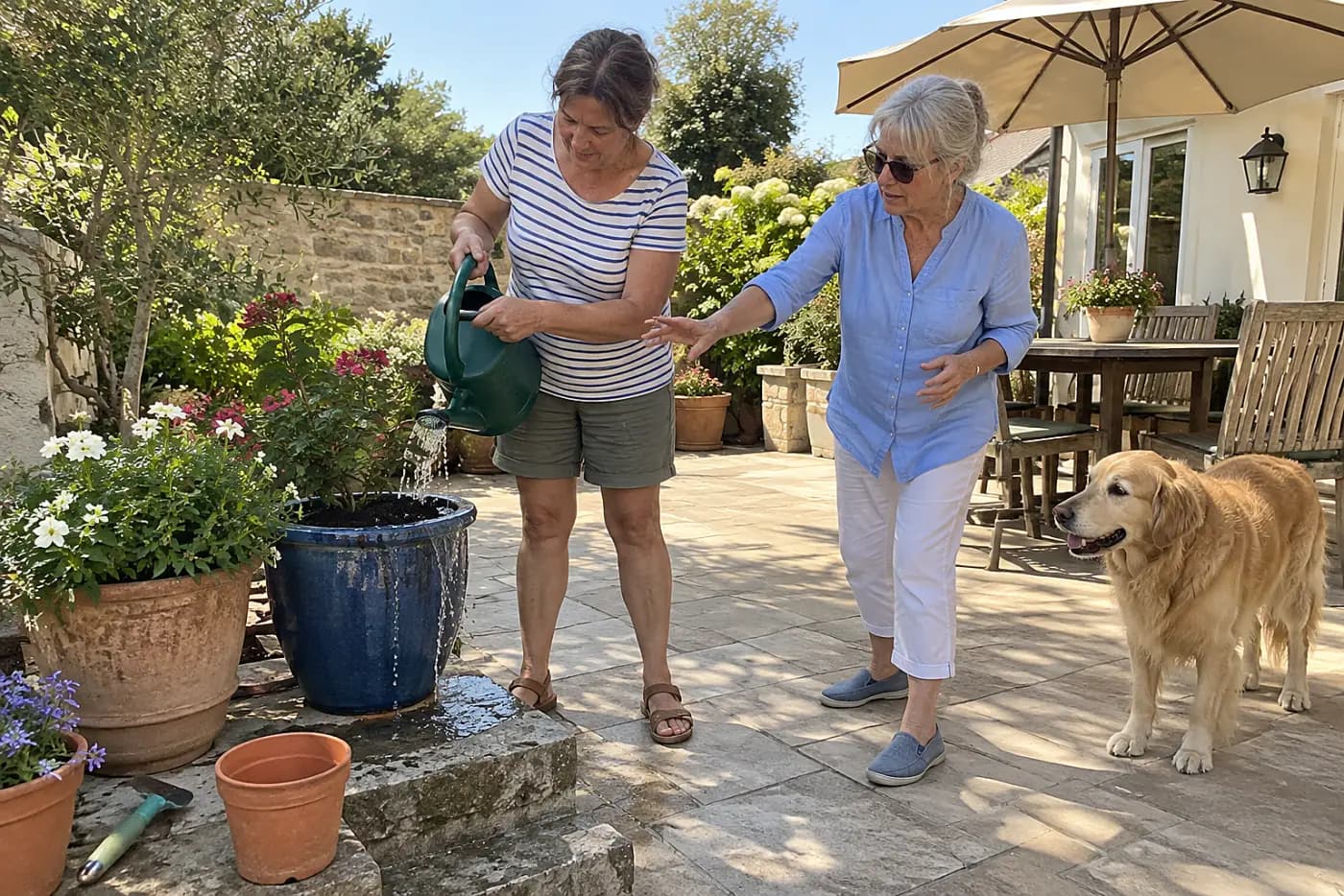 Woman watering dry potting soil slowly in a patio container.