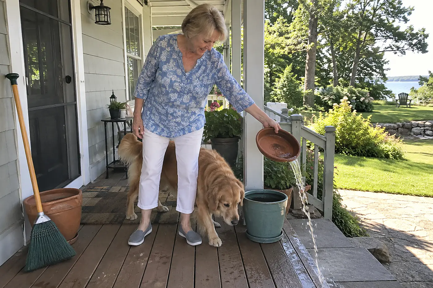Woman emptying a plant saucer on her porch.