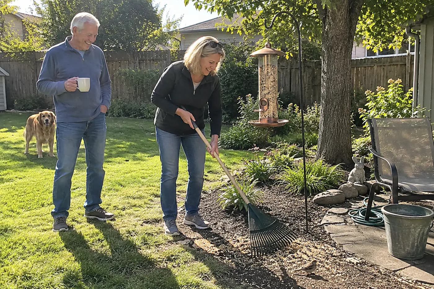 Woman raking spilled seed beneath a bird feeder in her backyard.