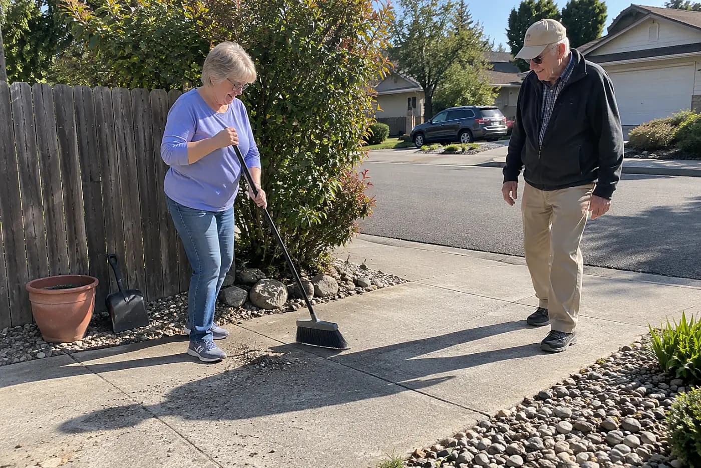 Woman sweeping loose gravel from the sidewalk outside her yard.