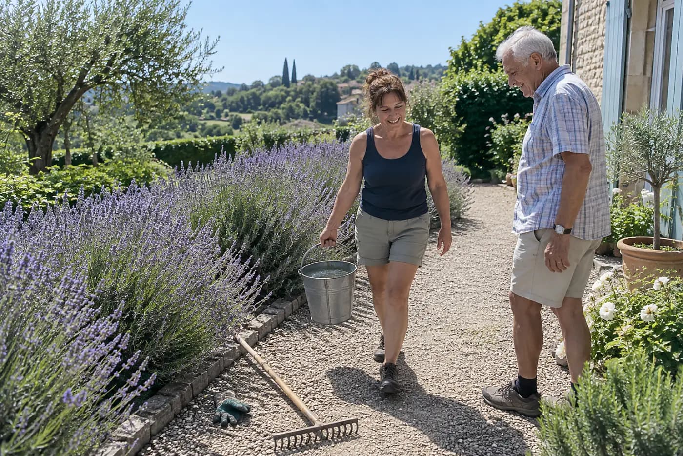 Woman carrying a bucket along a lavender-lined garden path.