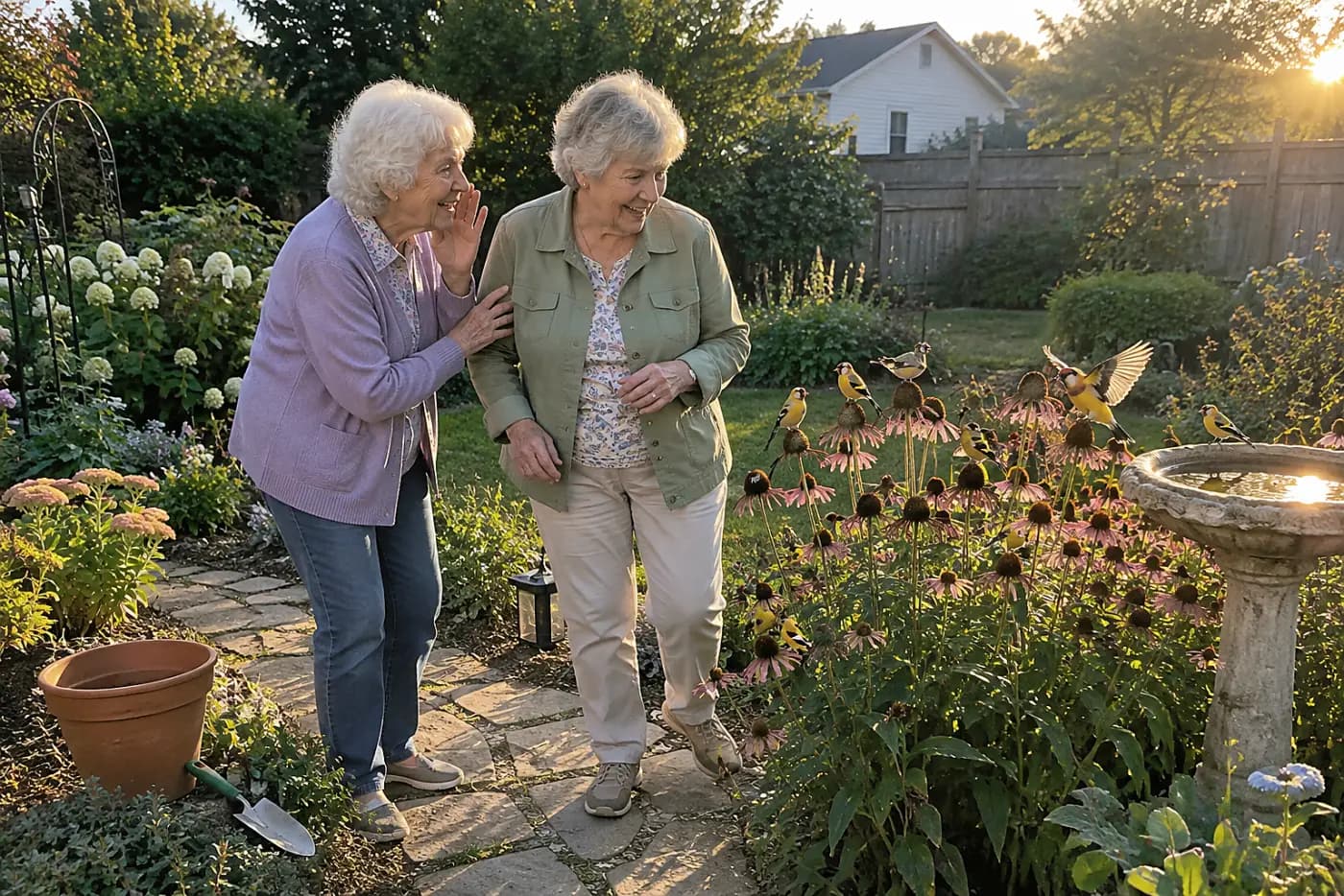 Woman watching birds feed on coneflower seed heads in her garden.