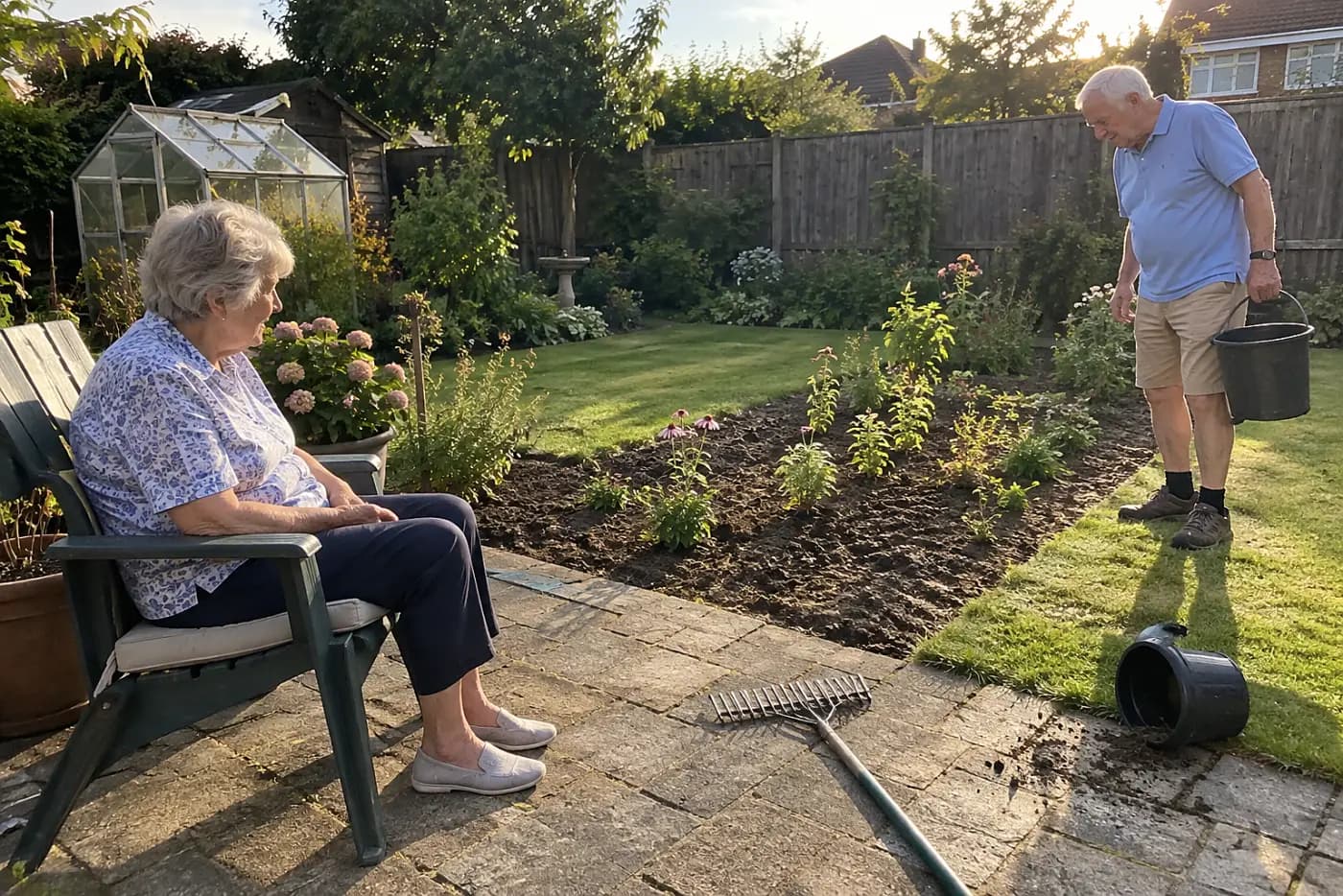 Woman sitting in a garden chair facing an unfinished flowerbed.