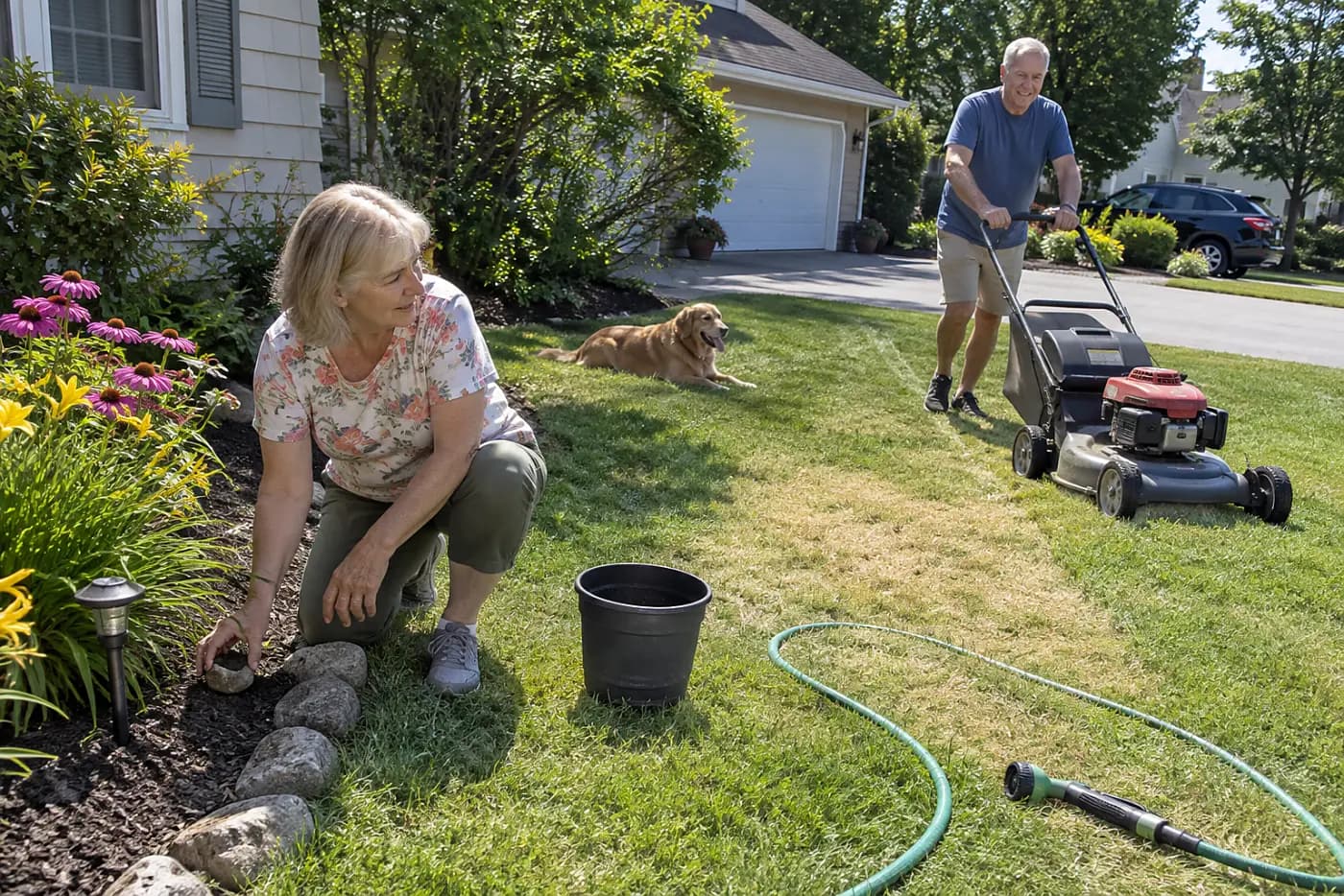 Woman placing a small stone beside flowers before mowing the lawn.