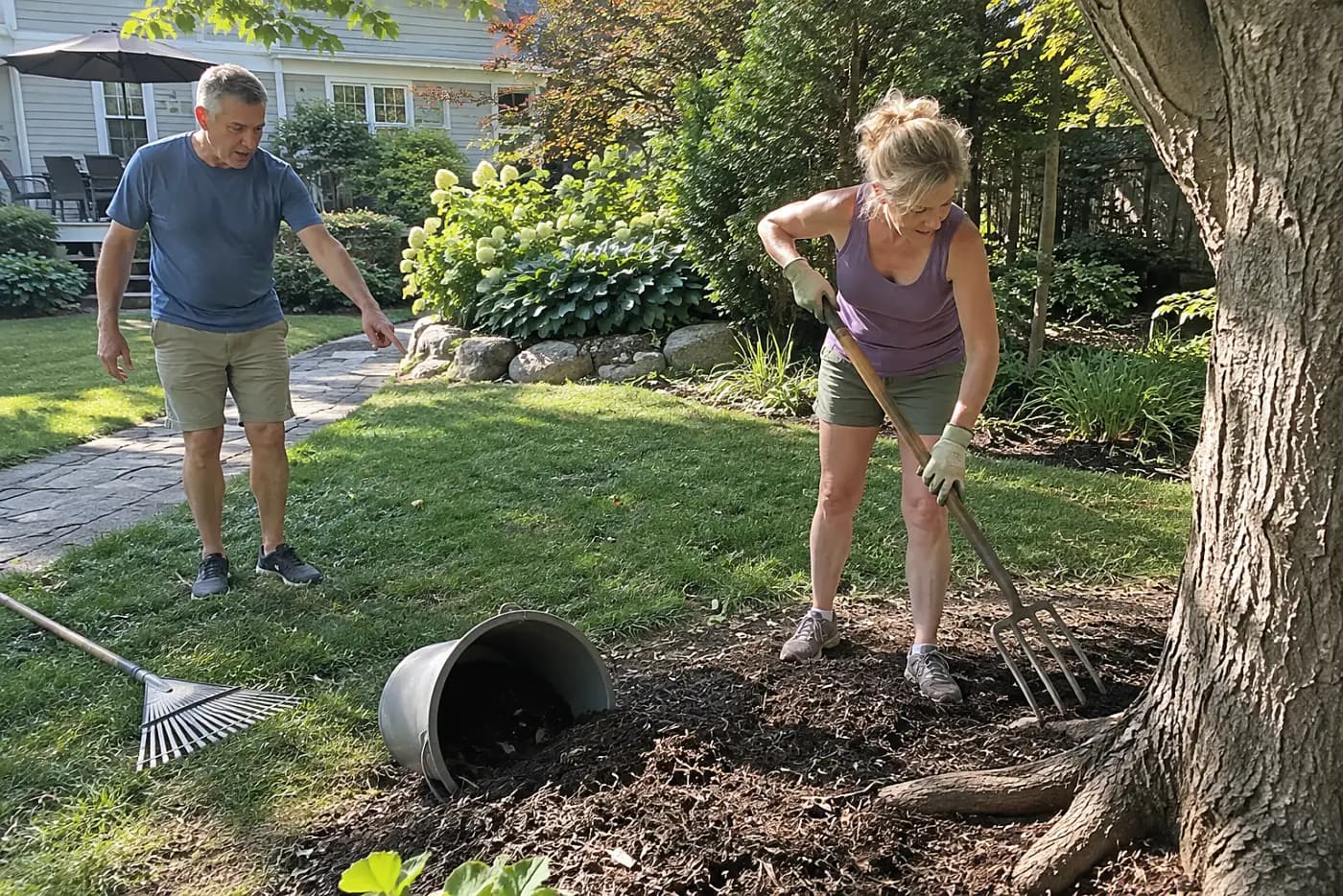 Woman pulling mulch away from a tree trunk in her yard.