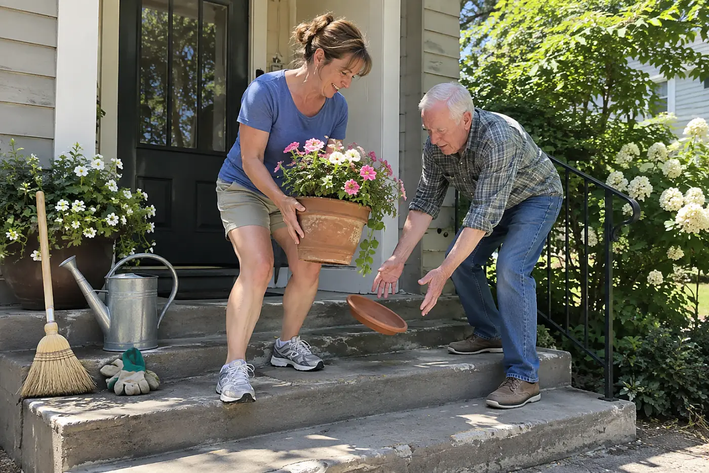Woman lifting a flowerpot beside a watering can on her front steps.