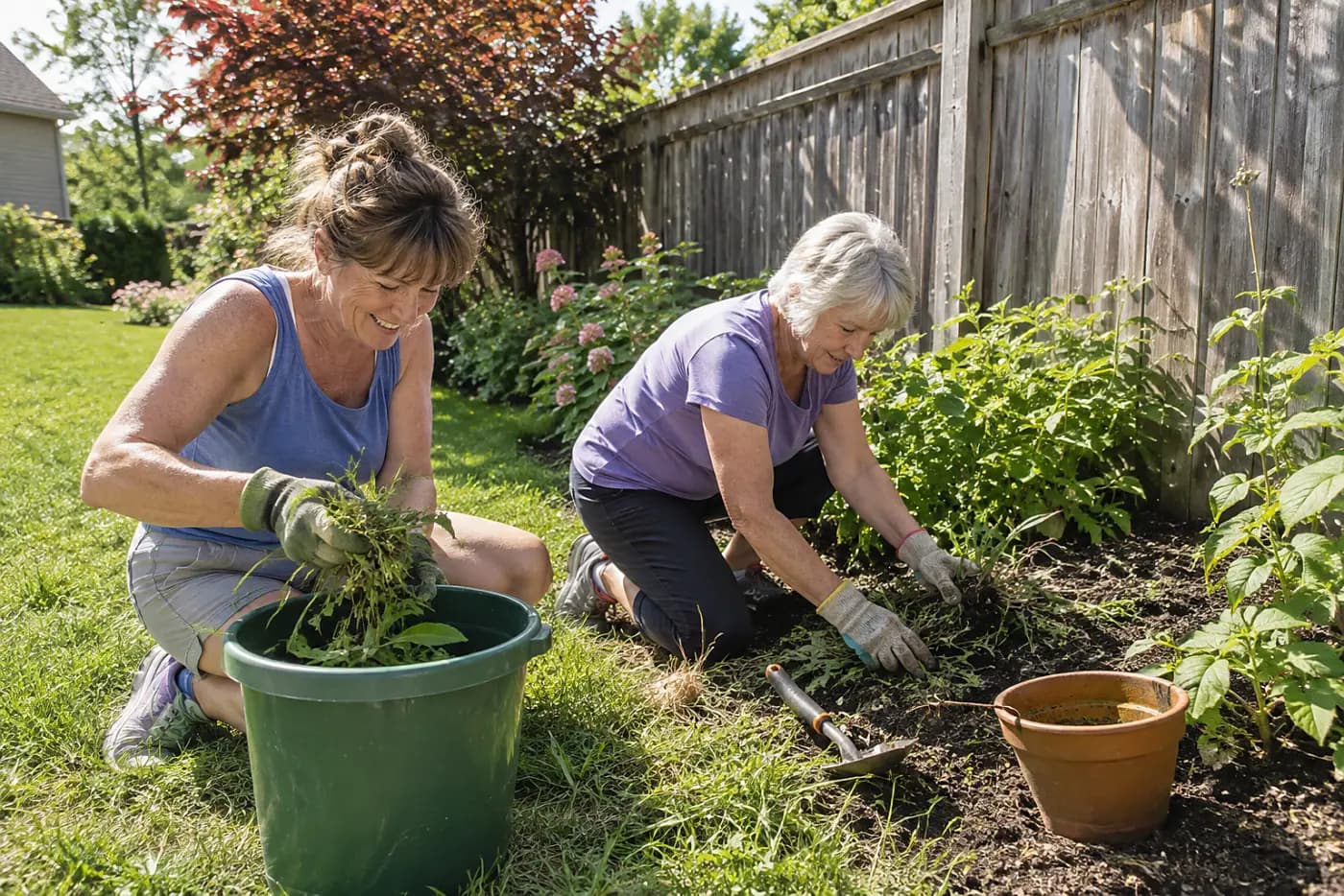 Woman pulling weeds into a bucket beside a wooden fence.