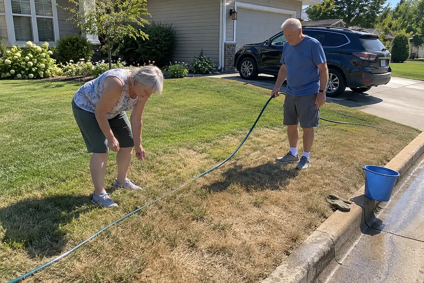 Woman examining browned grass along the edge of her driveway.