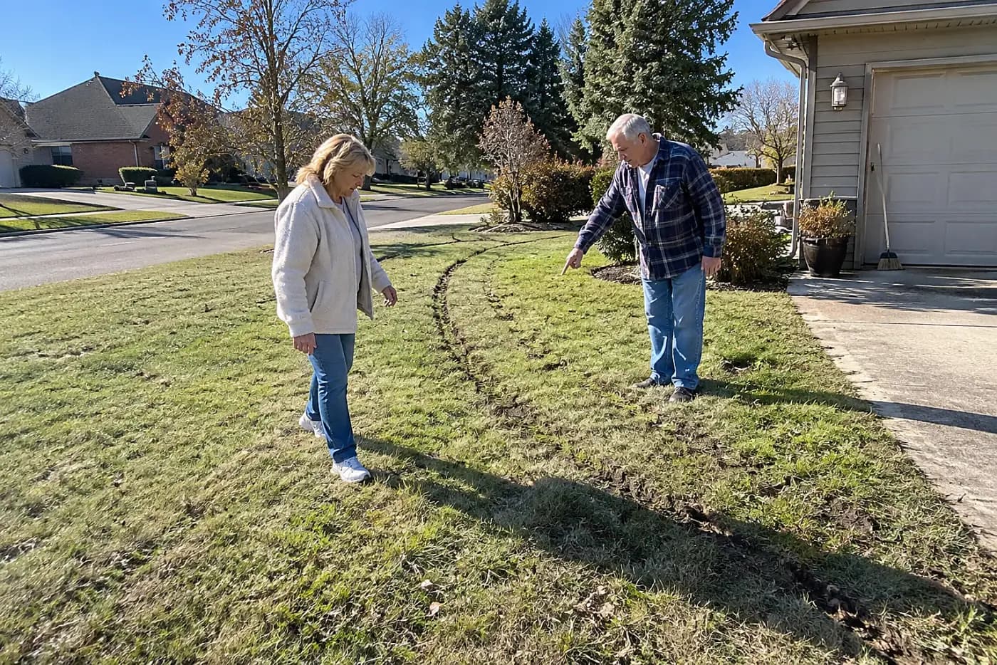 Woman checking tire tracks in the grass beside her driveway.