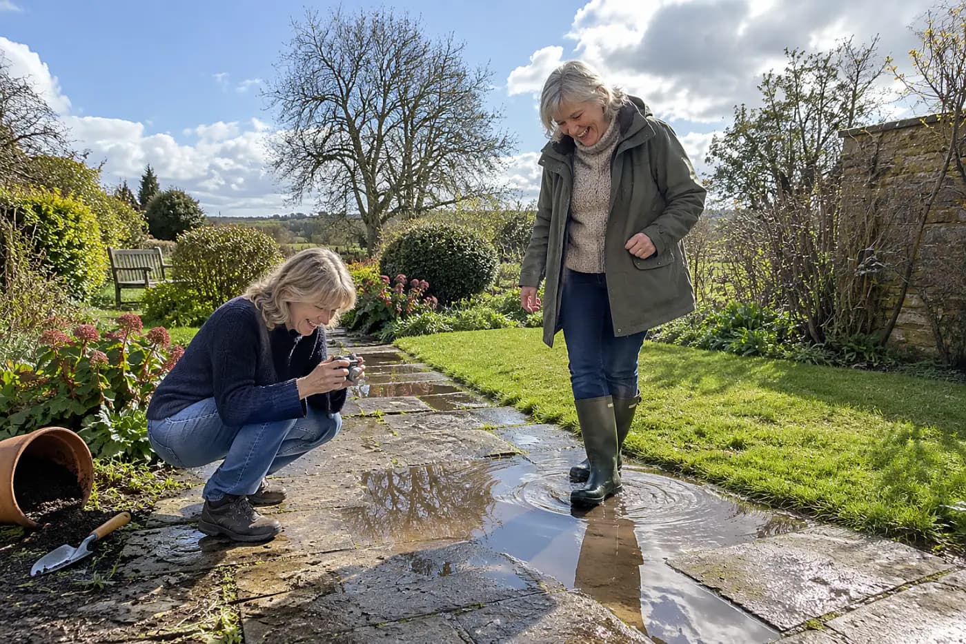 Woman photographing a puddle on her garden path after rain.