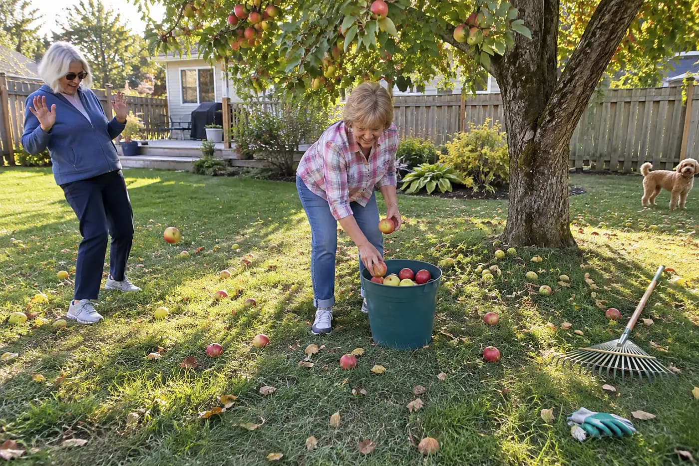 Woman gathering fallen apples beneath a backyard tree.