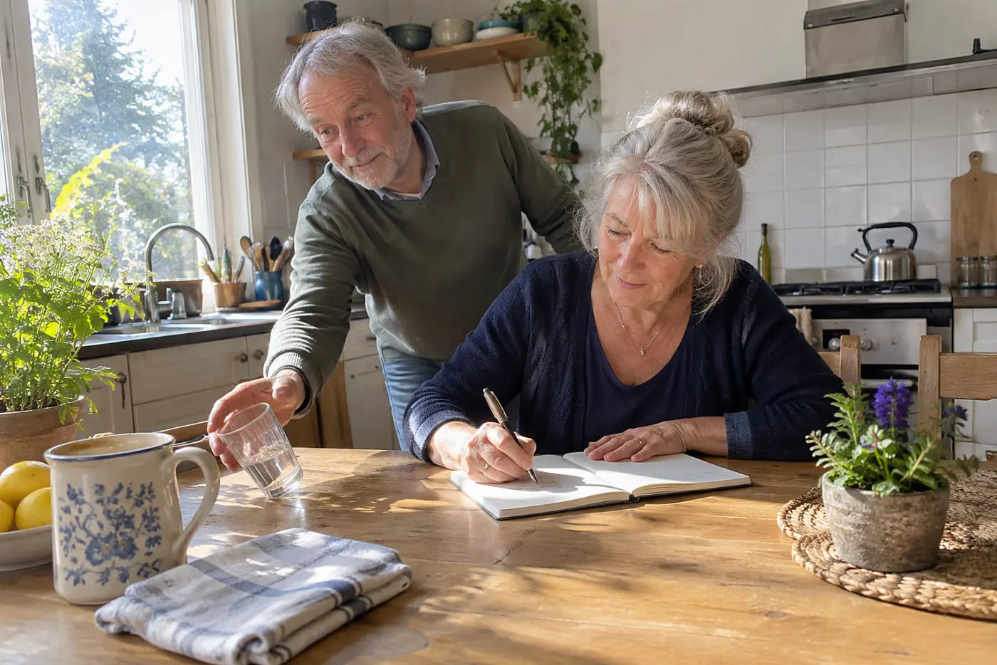 Older woman writing plant names in a notebook at her kitchen table.