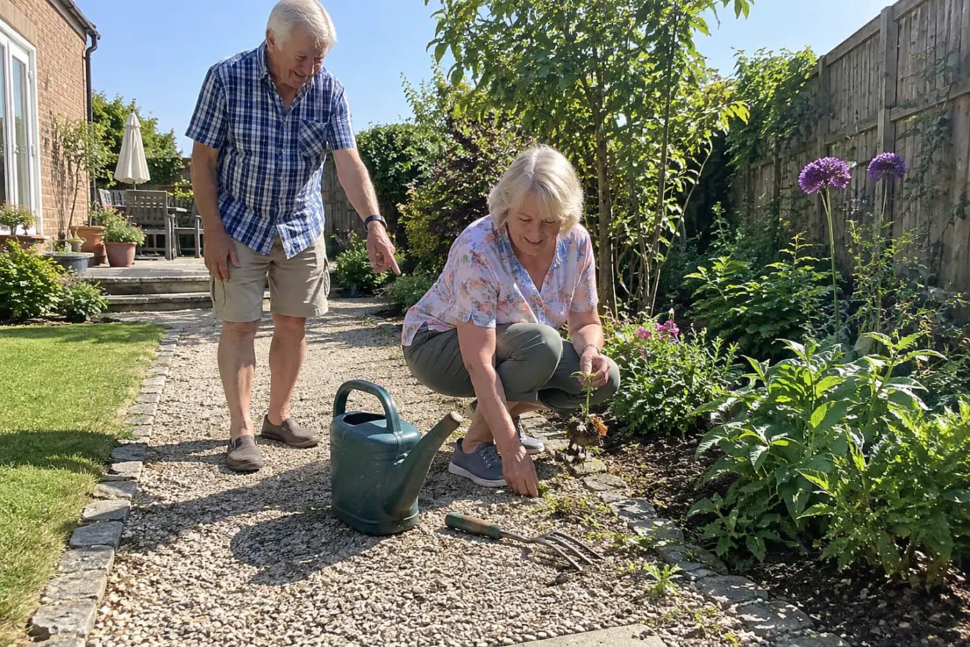 Older woman pulling young flower seedlings from the edge of a garden path.
