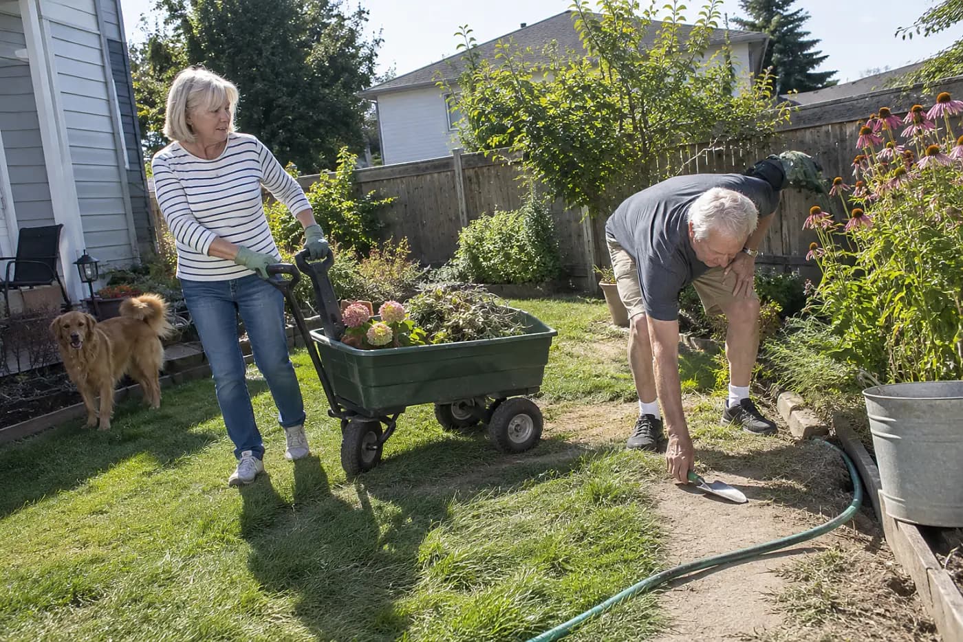 Older woman pushing a lightly loaded garden cart along a backyard path.