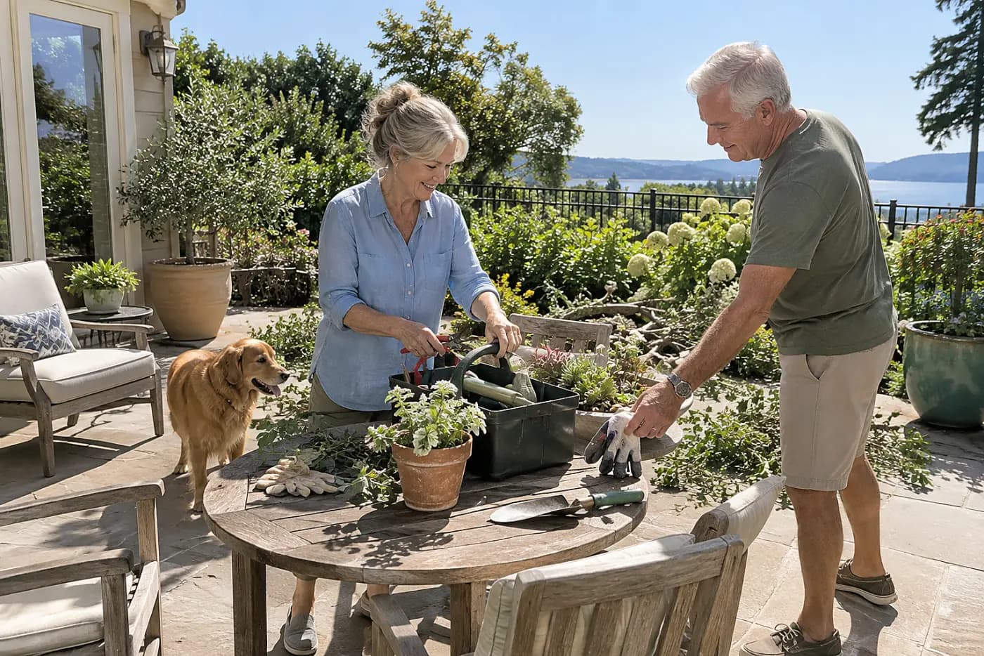 Older woman placing pruners and gloves into a caddy on a patio table.