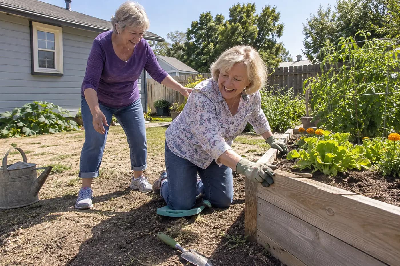 Older woman testing a kneeling pad beside a raised garden bed.