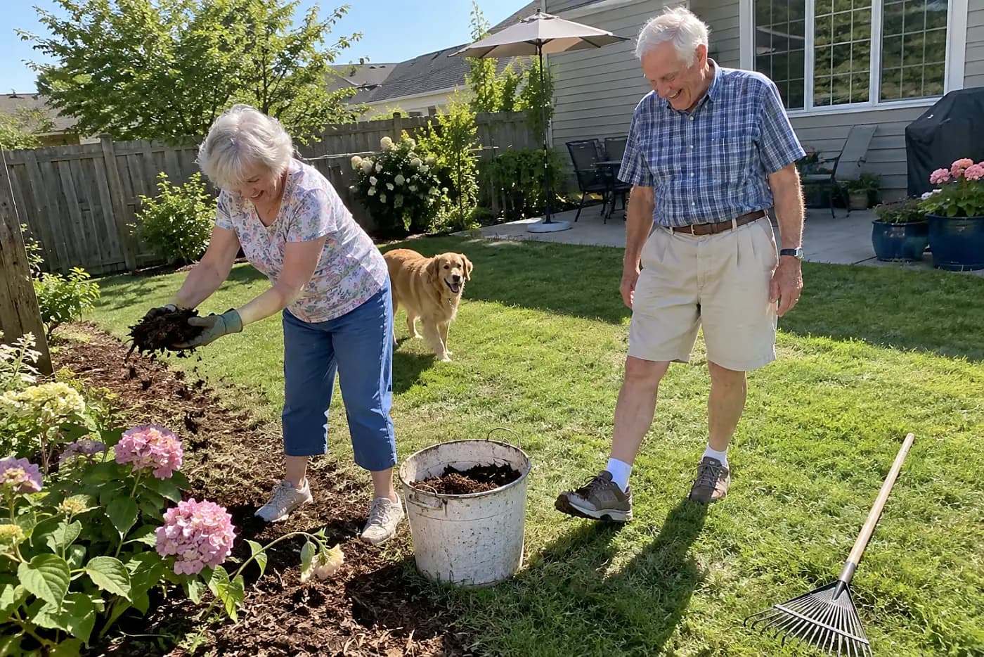 Older woman spreading mulch around flowers in a backyard bed.