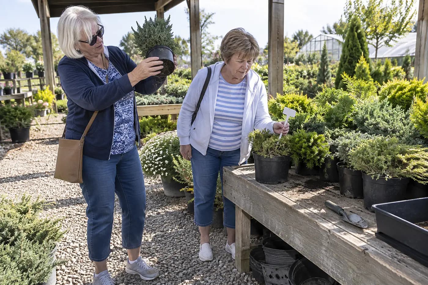 Older woman reading a plant tag beside a nursery display of dwarf shrubs.
