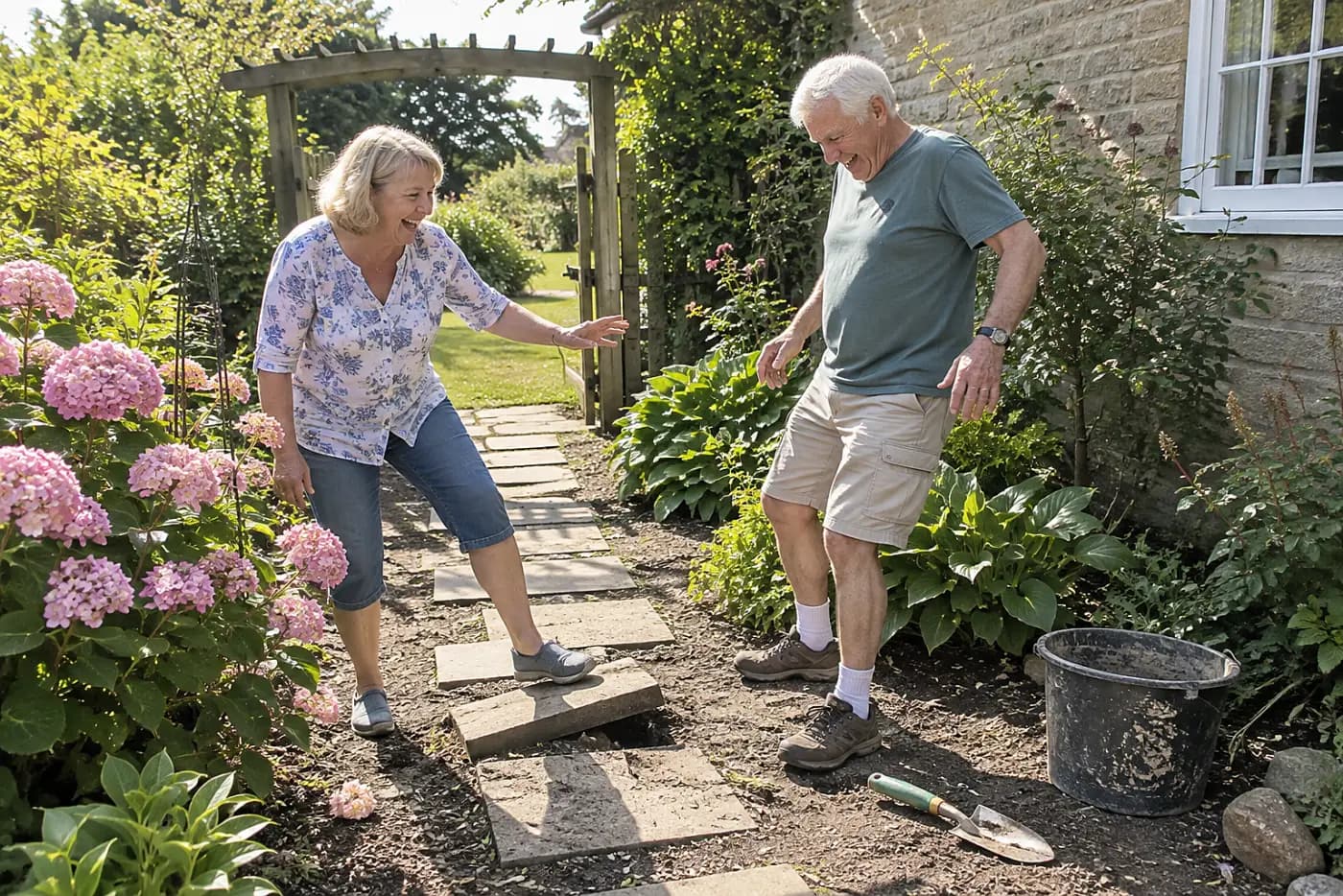 Older woman pressing a stepping stone with her foot along a garden path.