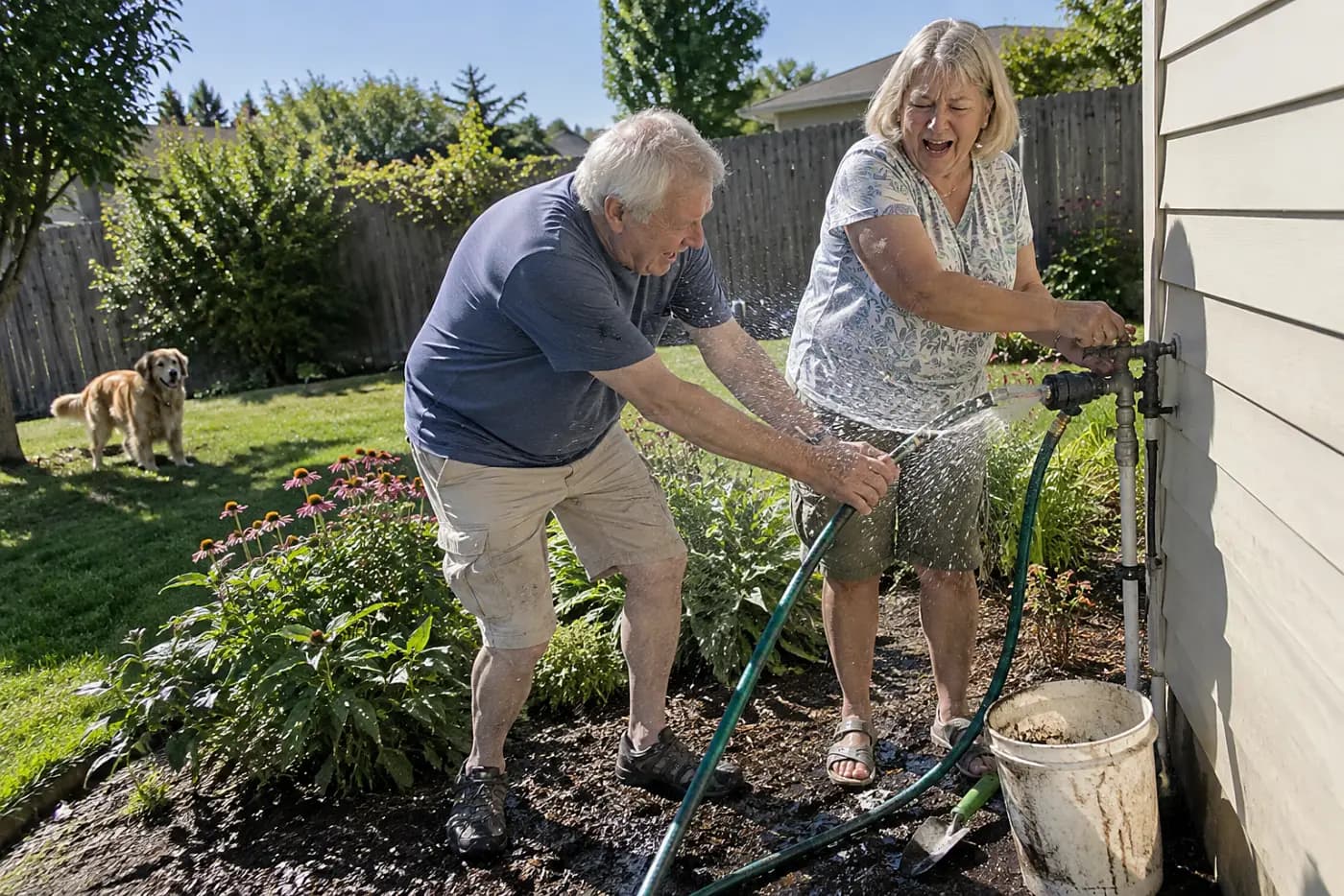 Older woman setting a hose timer at an outdoor faucet beside a garden bed.