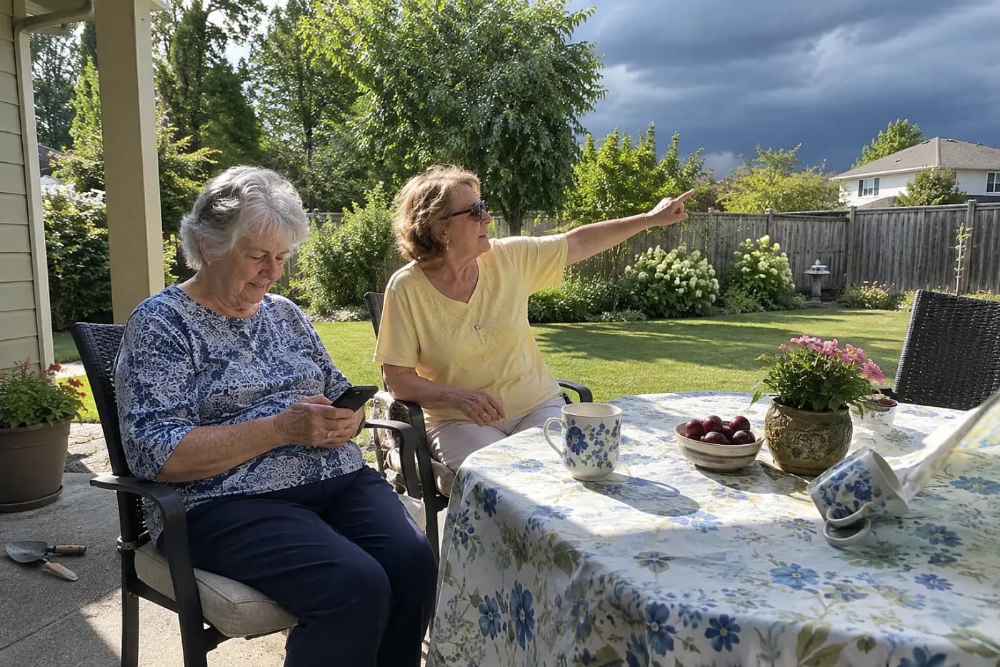 Older woman checking the weather on her phone at a shaded patio table.