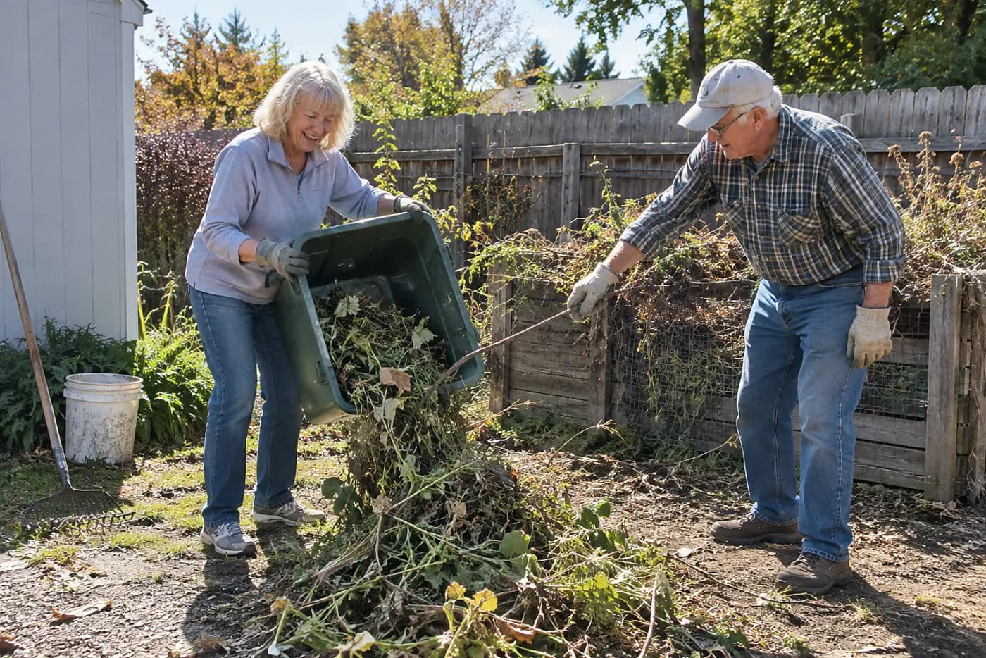 Older woman emptying a partly filled bin of clippings beside a compost area.