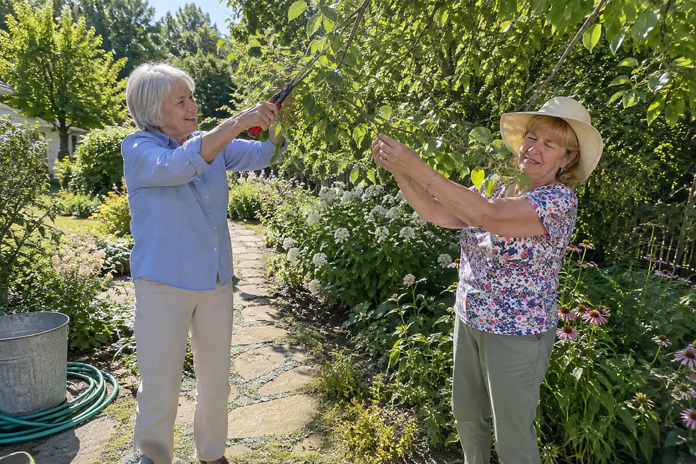 Older woman pruning a reachable branch while standing on a garden path.
